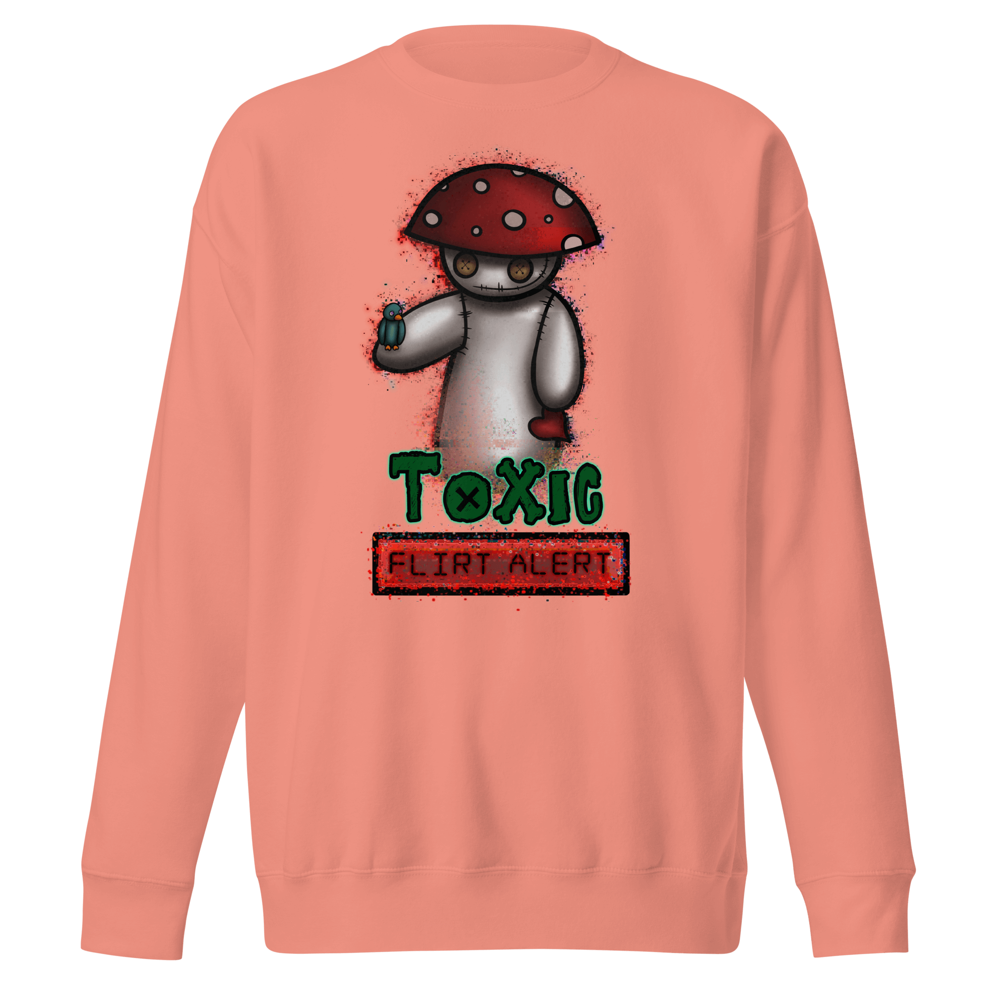 Pink sweatshirt with a cartoon voodoo fly agaric mushroom