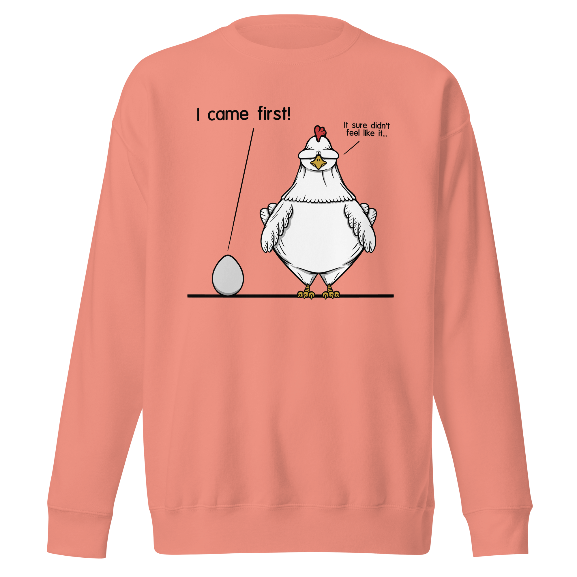 funny cartoon chicken and egg on pink sweatshirt