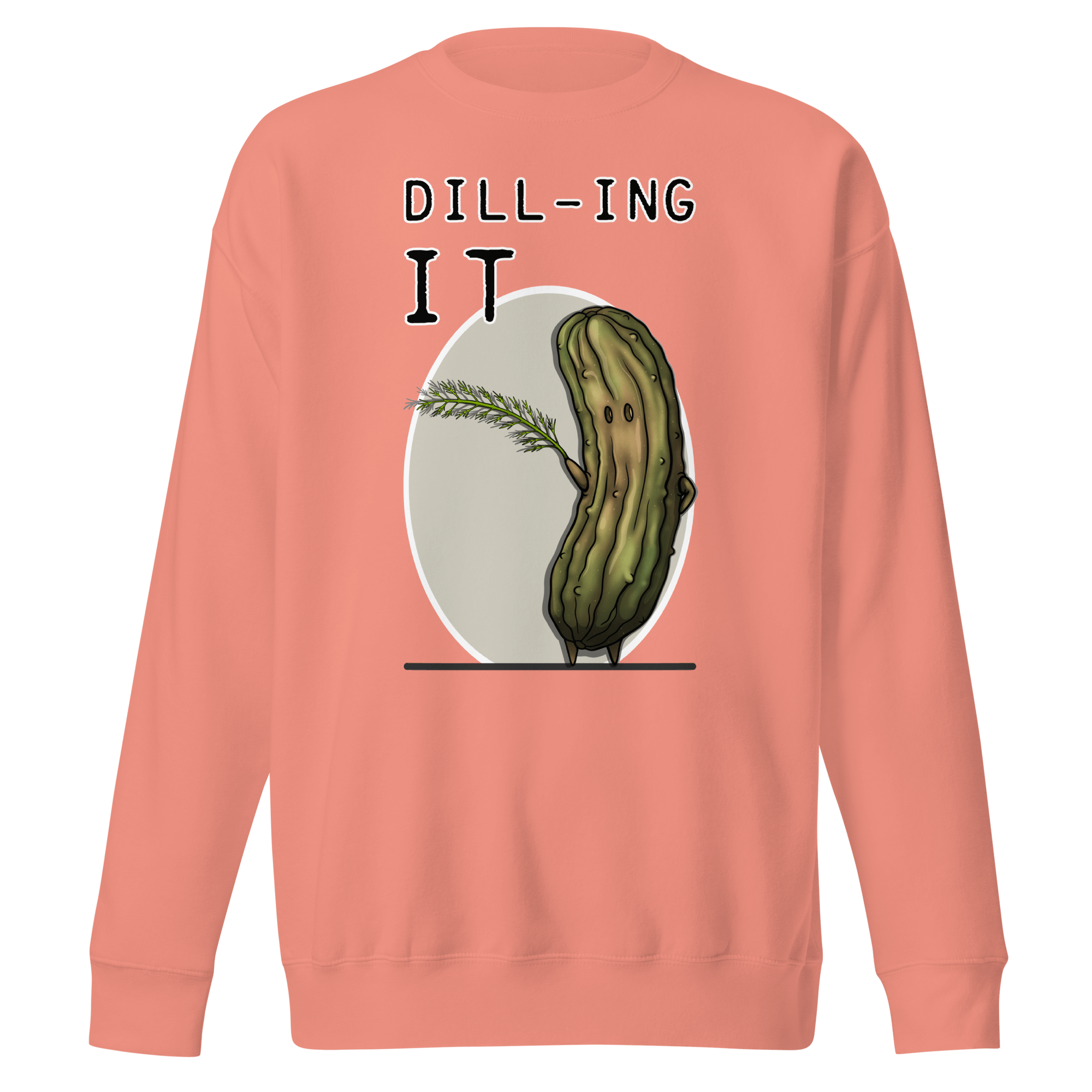 cool cartoon pickle with dill on pink sweater