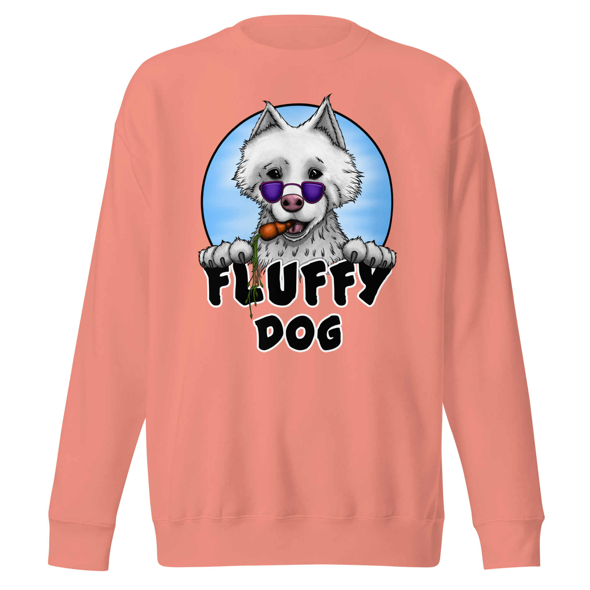 cute samoyed dog with sunglasses on pink sweatshirt