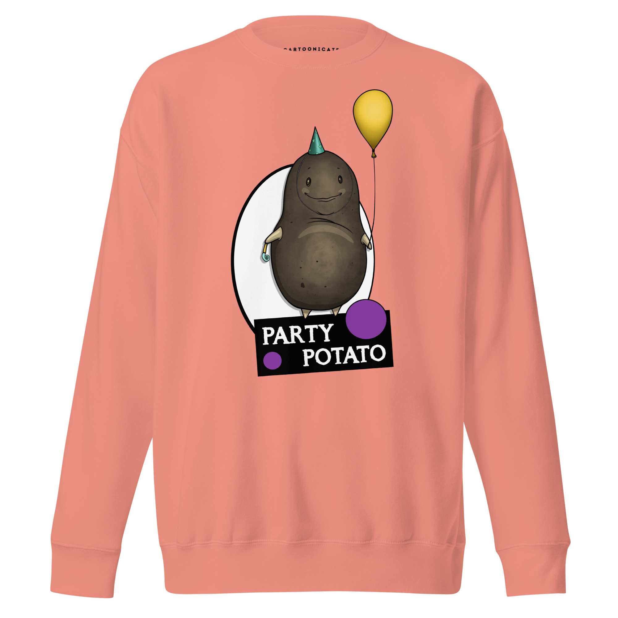 cartoon party potato on pink sweatshirt