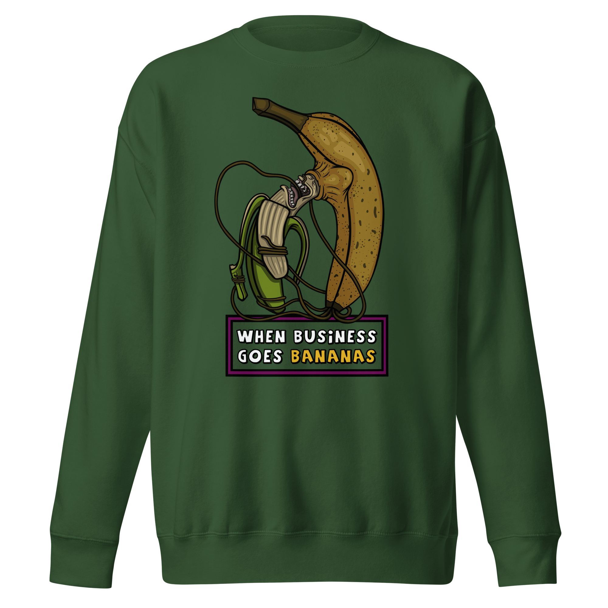 Cartoon banana eating another banana green sweater