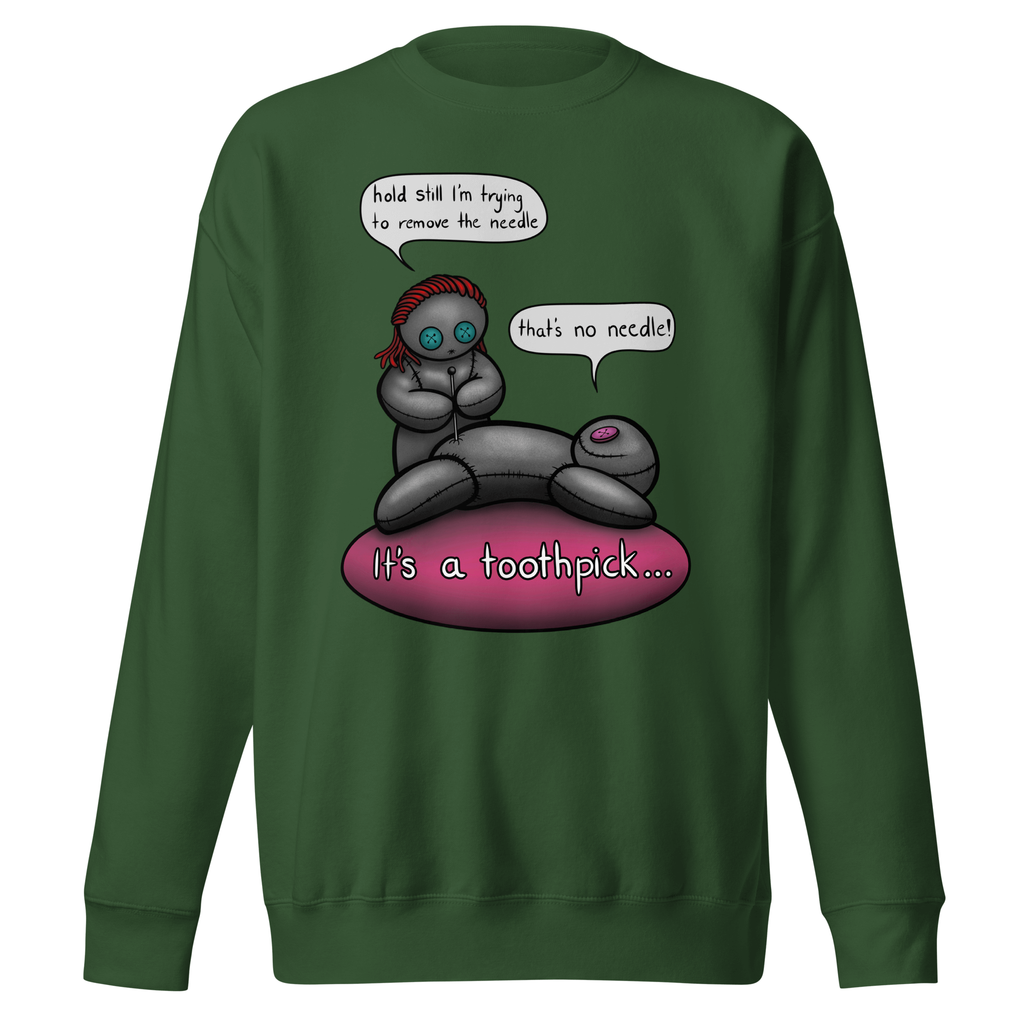 green sweatshirt with cartoon drawing of voodoo dolls