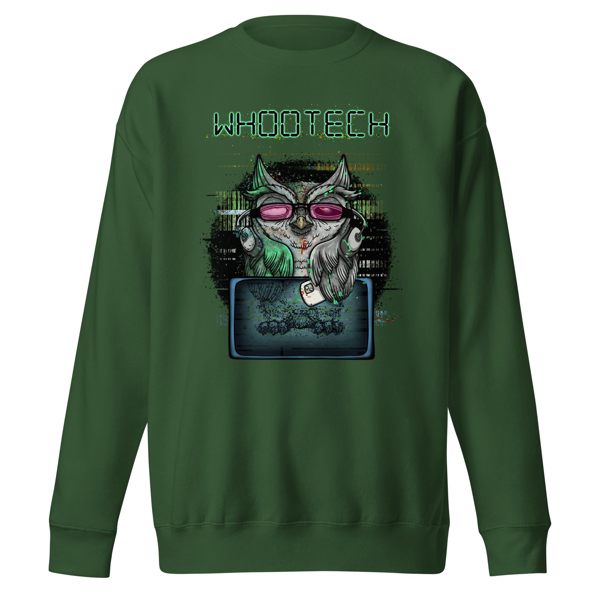 green sweatshirt with cartoon owl, music and technology