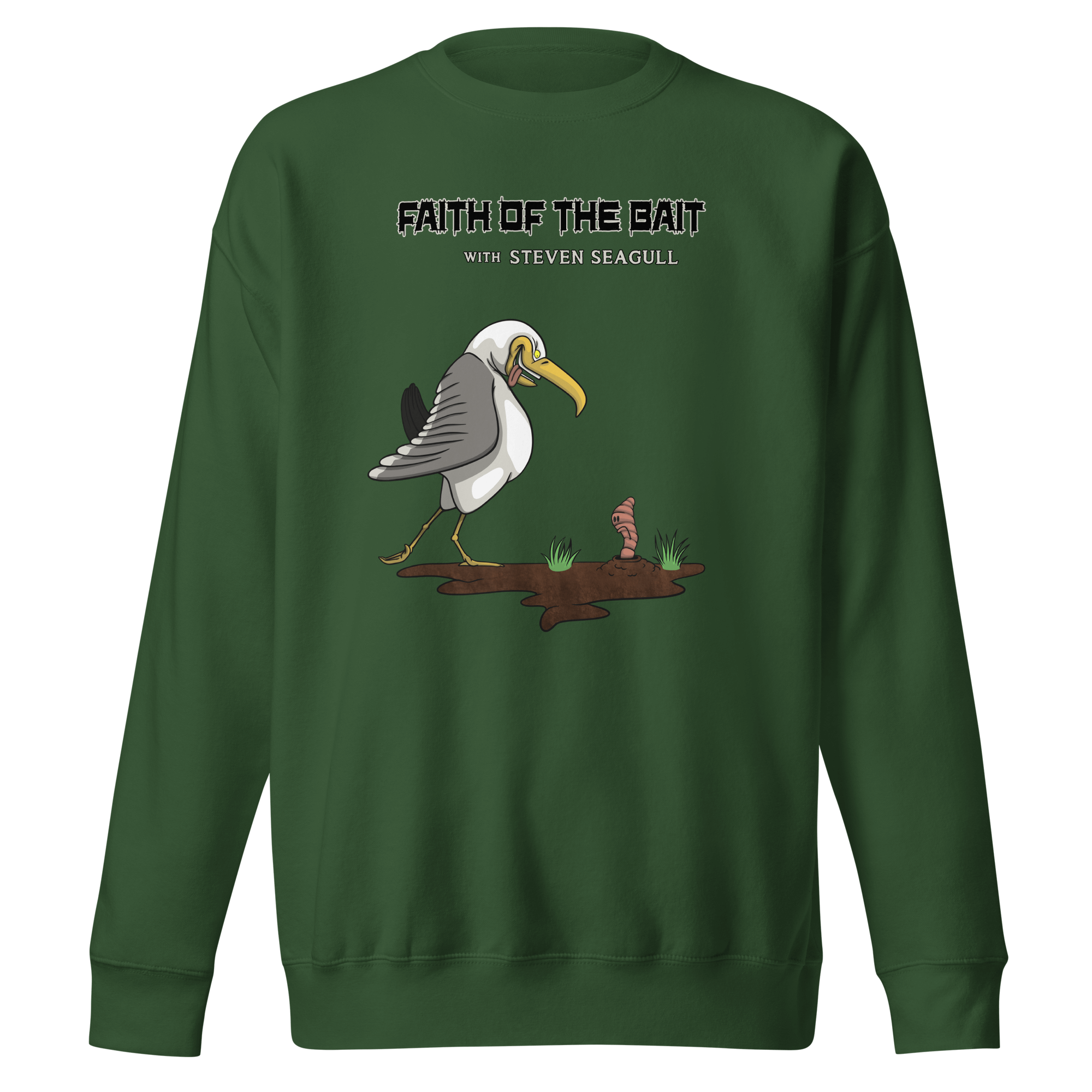 green sweatshirt with a funny bird and a maggot