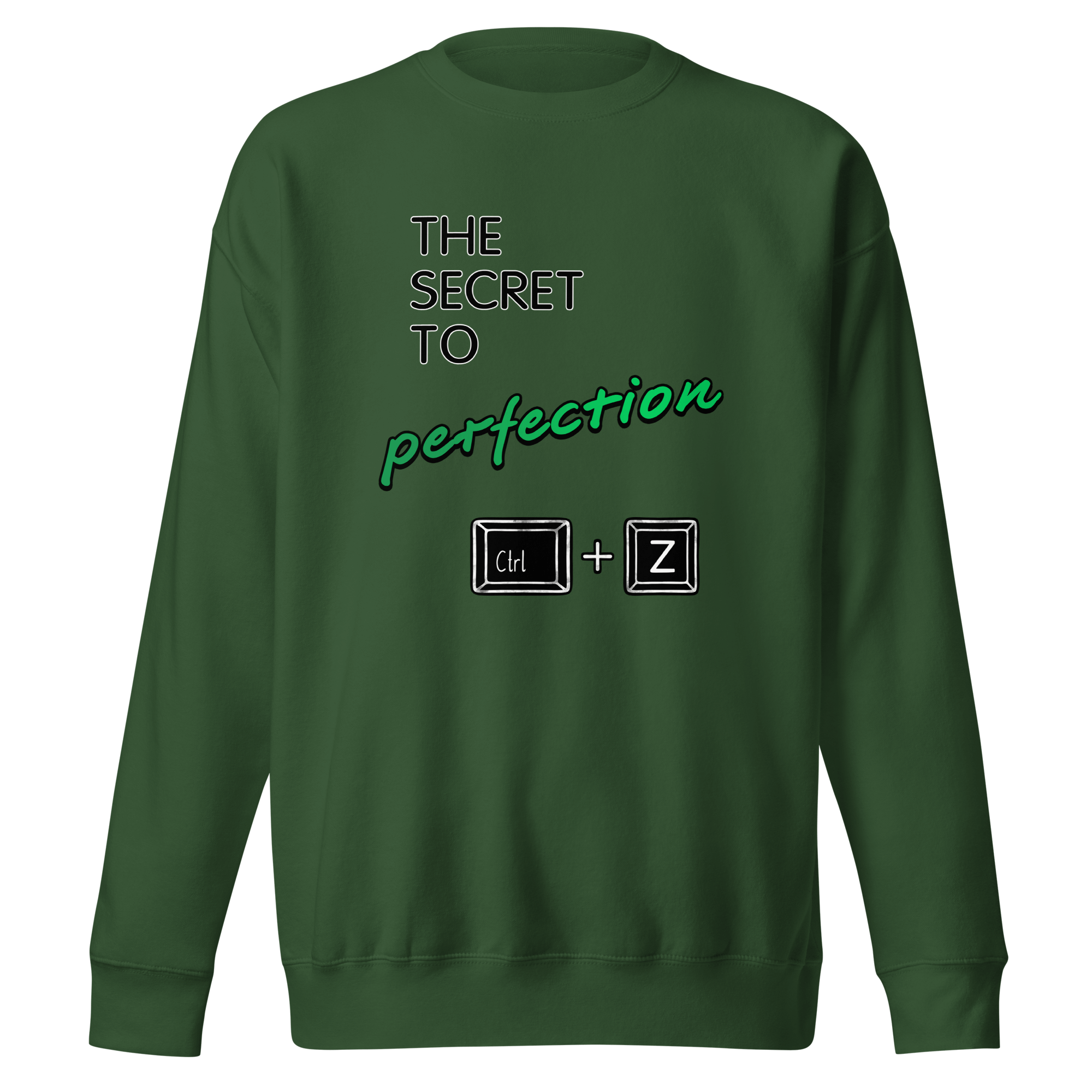 green sweatshirt with cartoon PC keyboard shortcuts