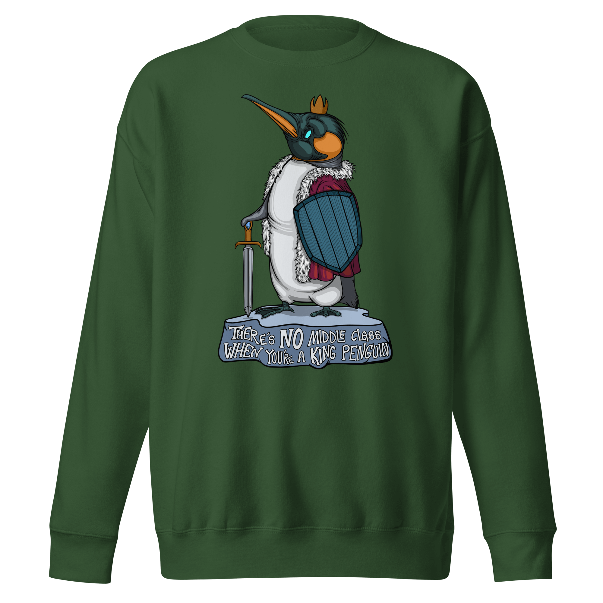 green sweater with humor king penguin in cartoon style