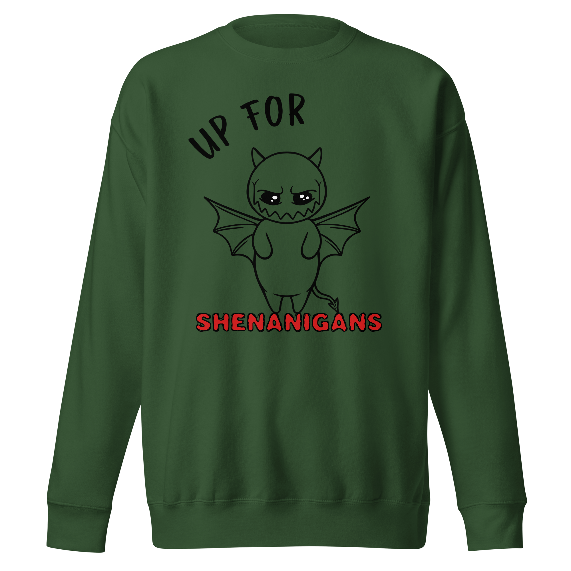 green sweatshirt with shenanigans devil drawing