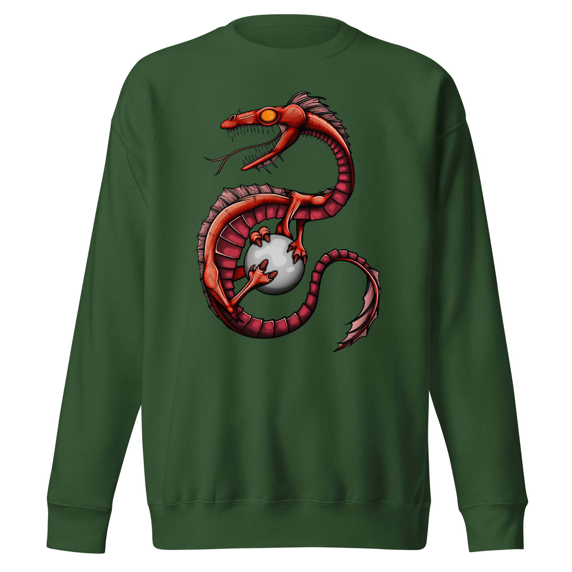 green sweatshirt with cool dragon drawing