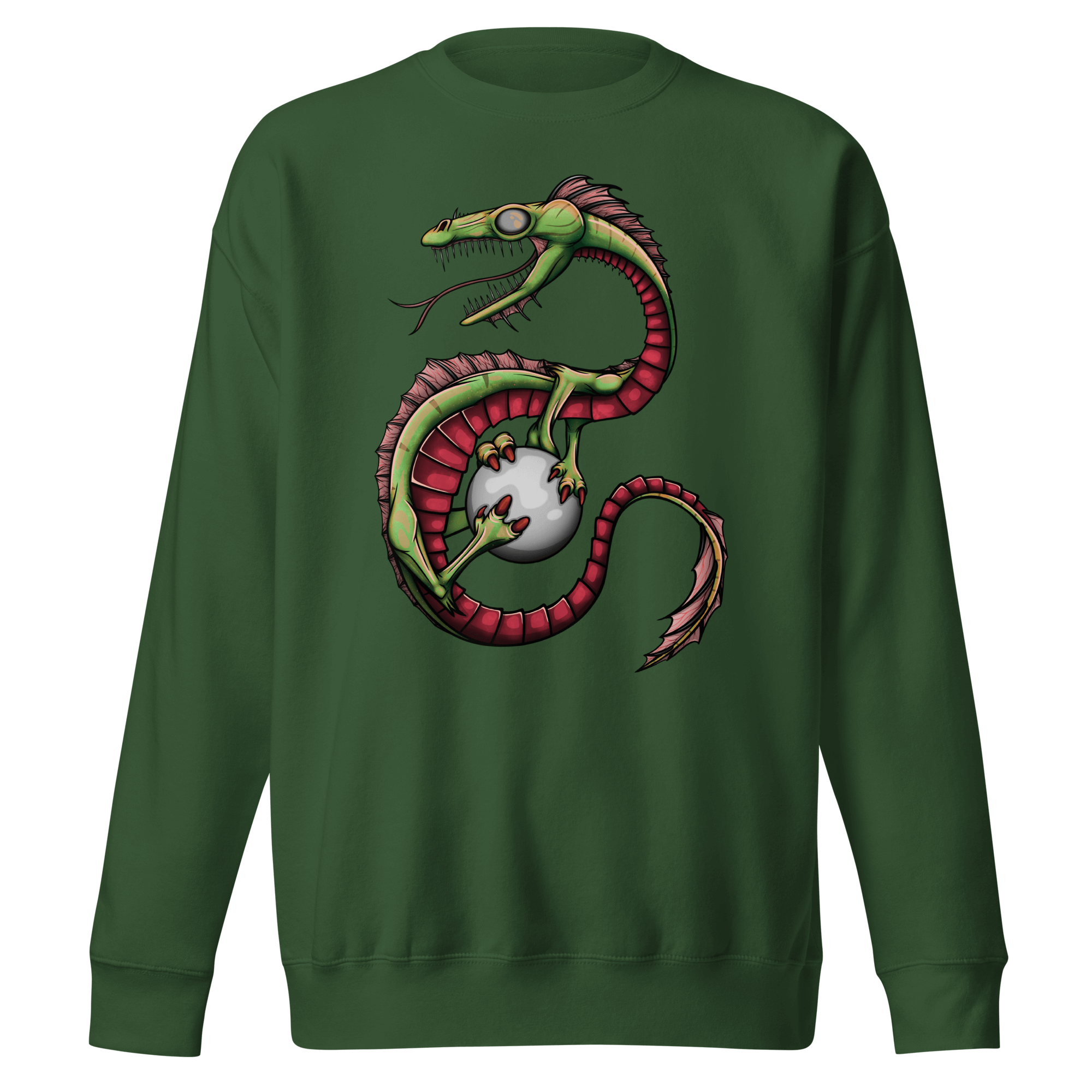 green sweatshirt with cool dragon drawing