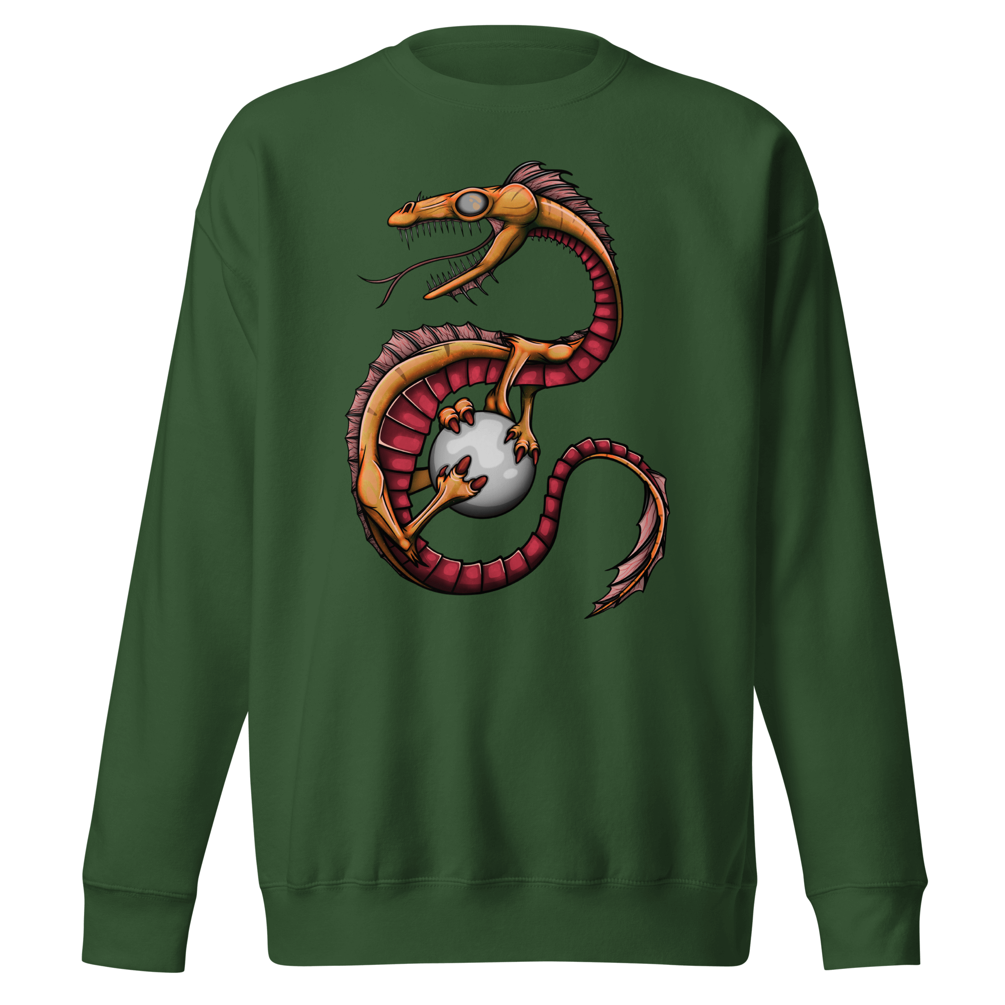 green sweatshirt with cool dragon drawing