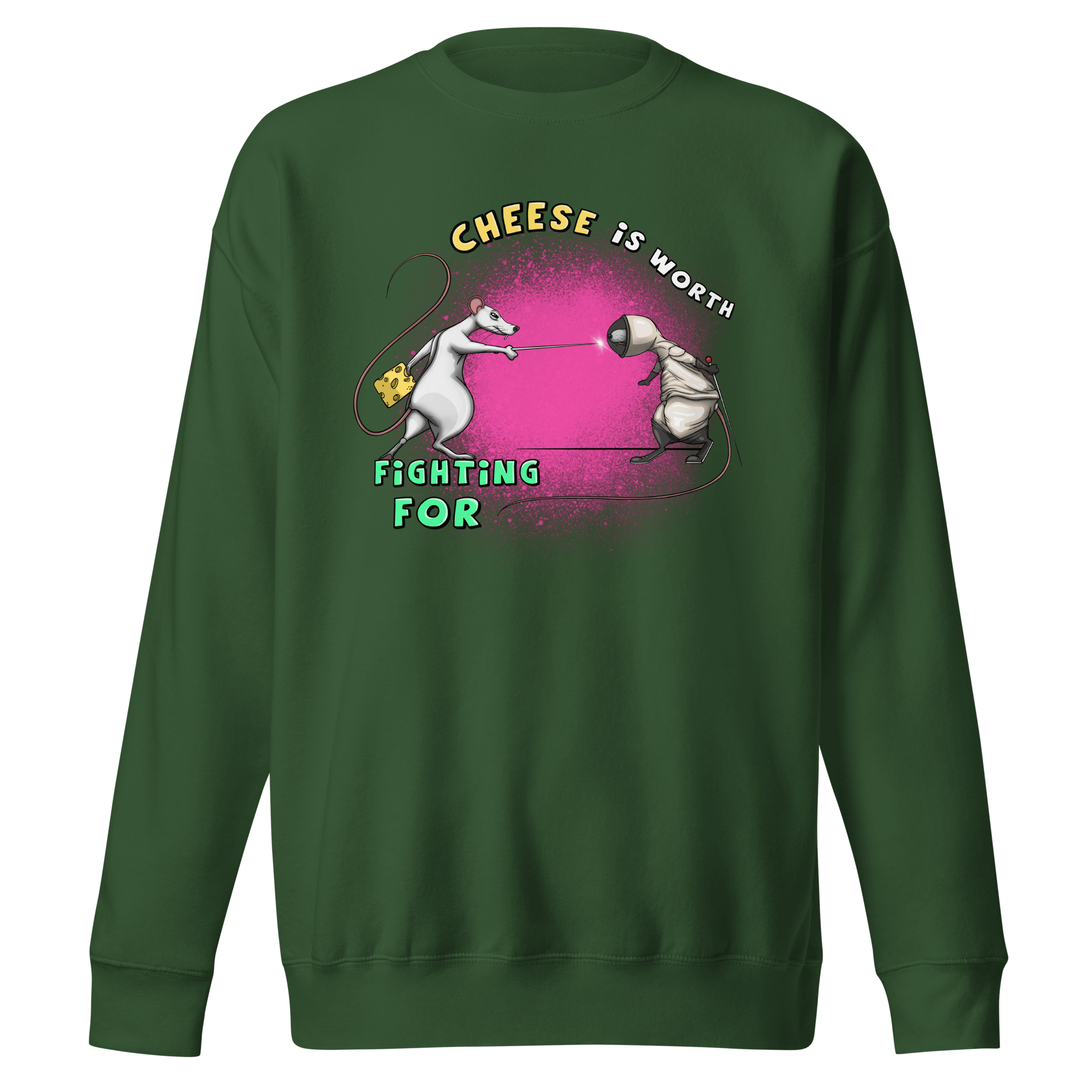 green sweatshirt with two rats fighting over cheese with fencing swords