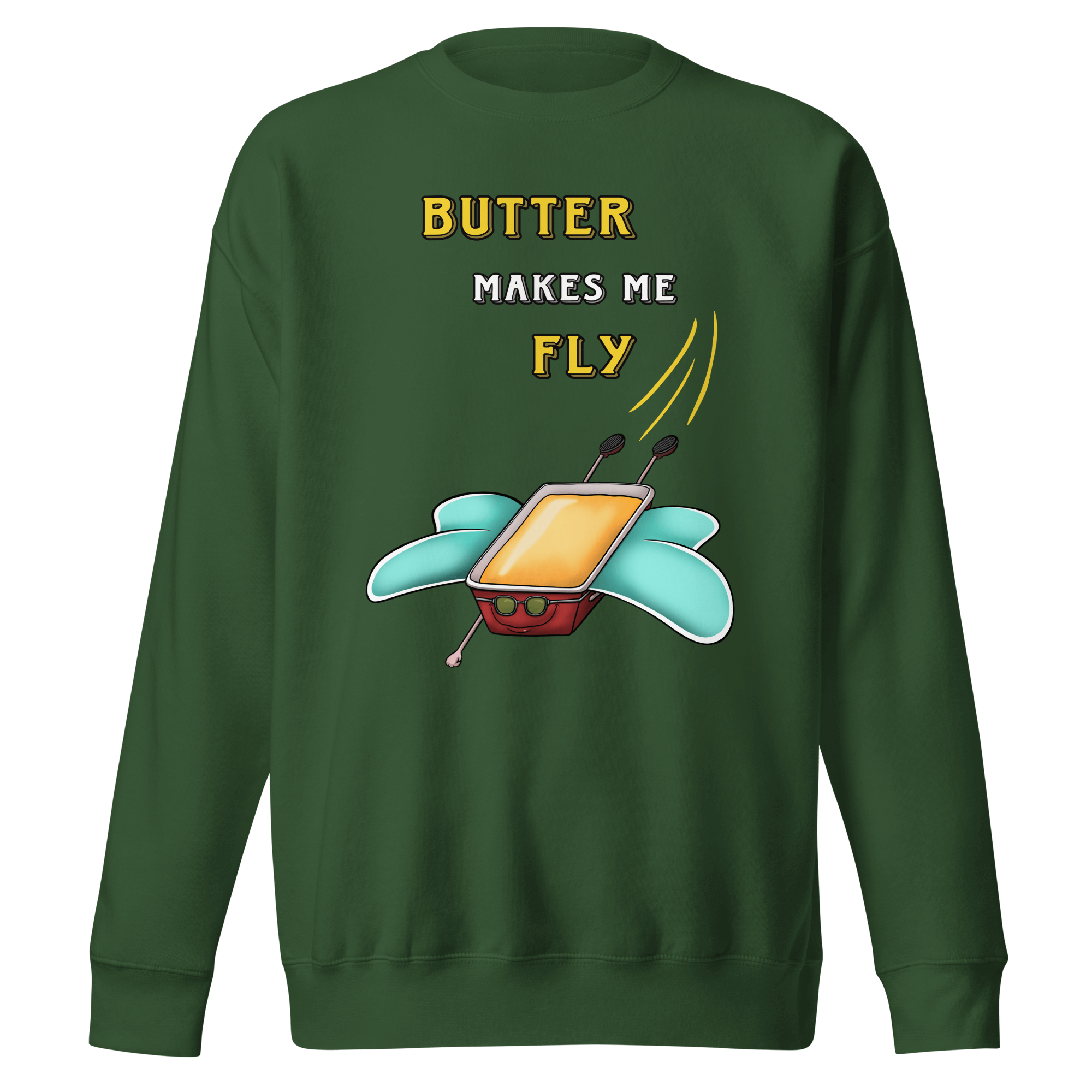 green sweater with funny cartoon drawing of butterfly