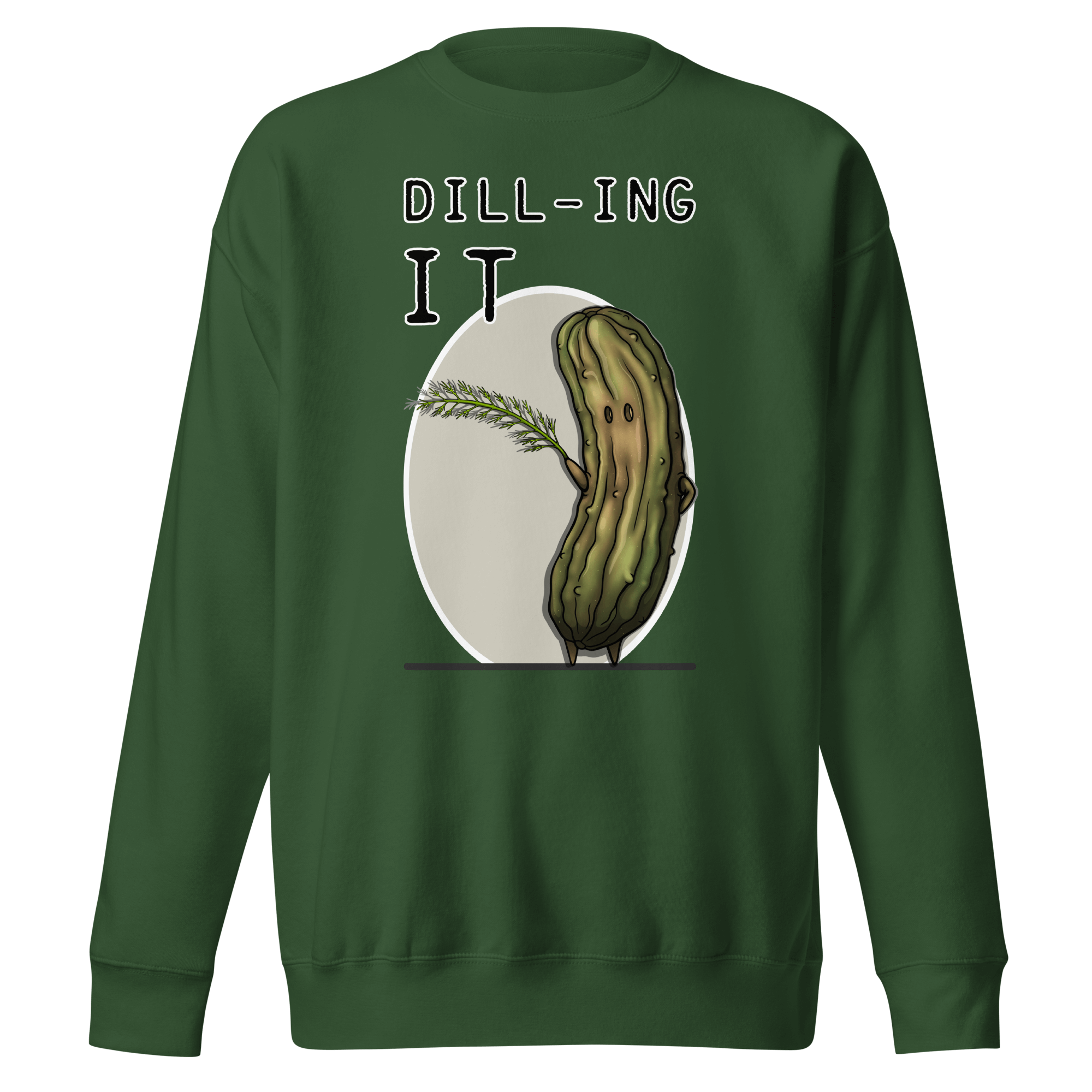 dill and pickle cartoon drawing on green sweatshirt