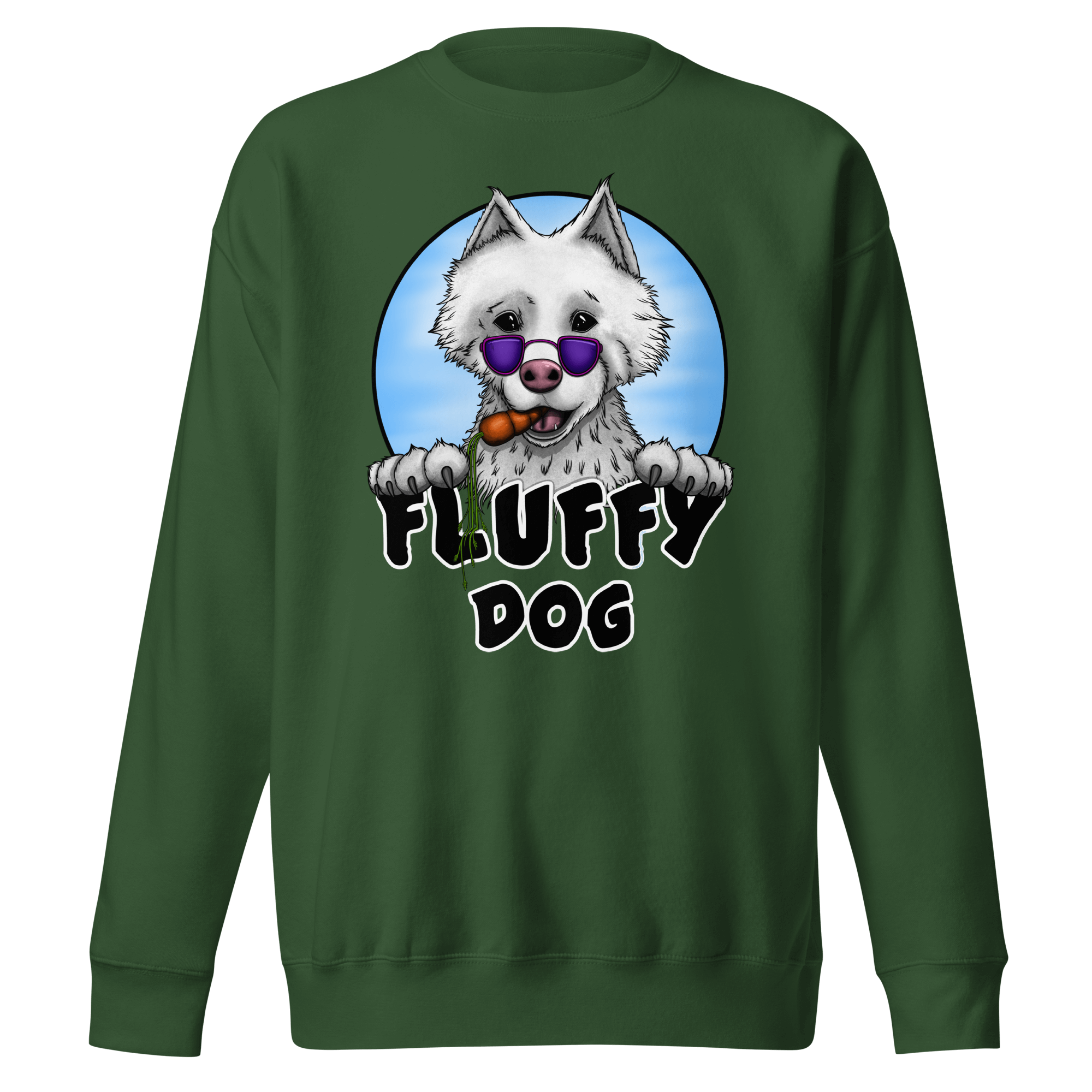 Fluffy dog samoyed on green sweater