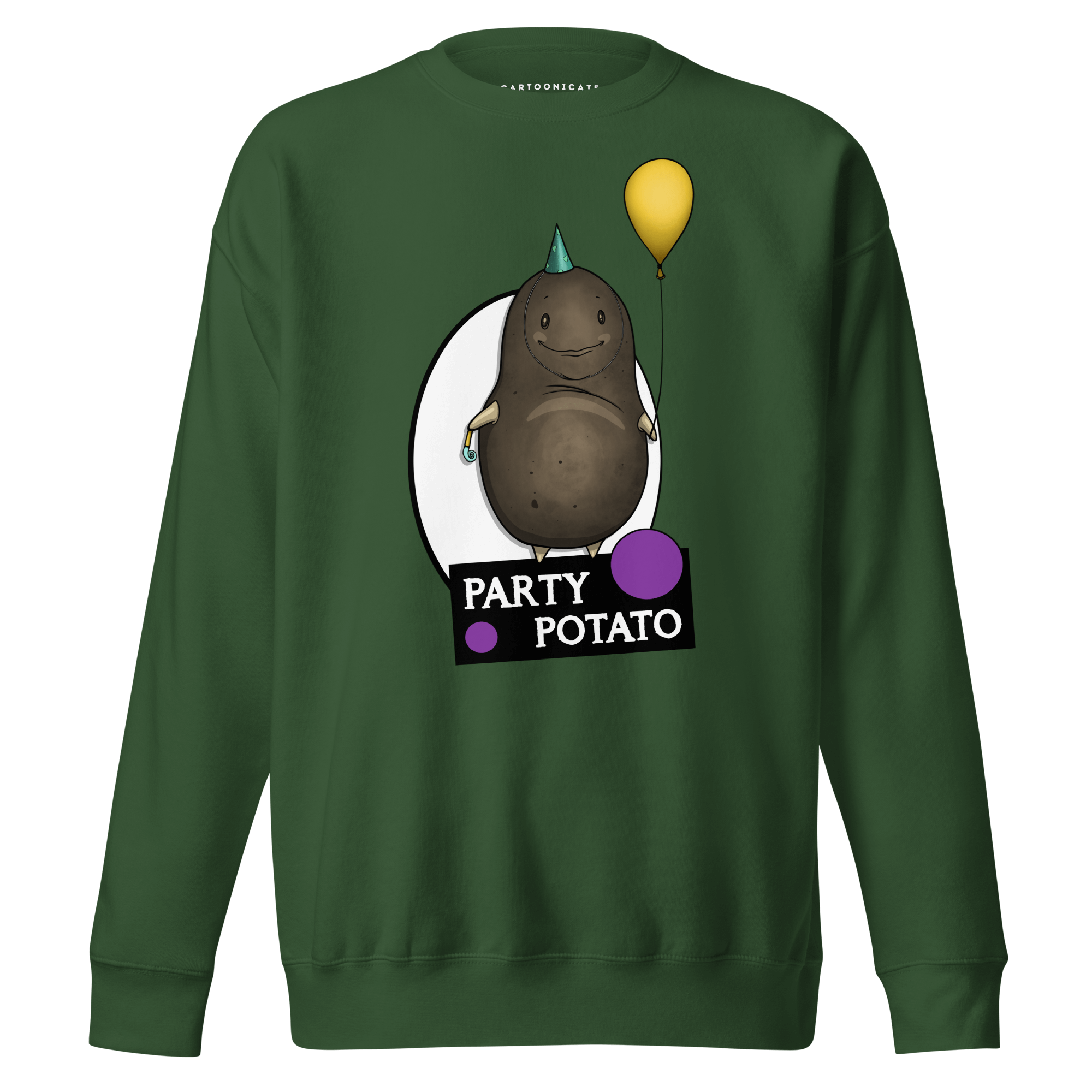 green sweatshirt with humor potato drawing going to party