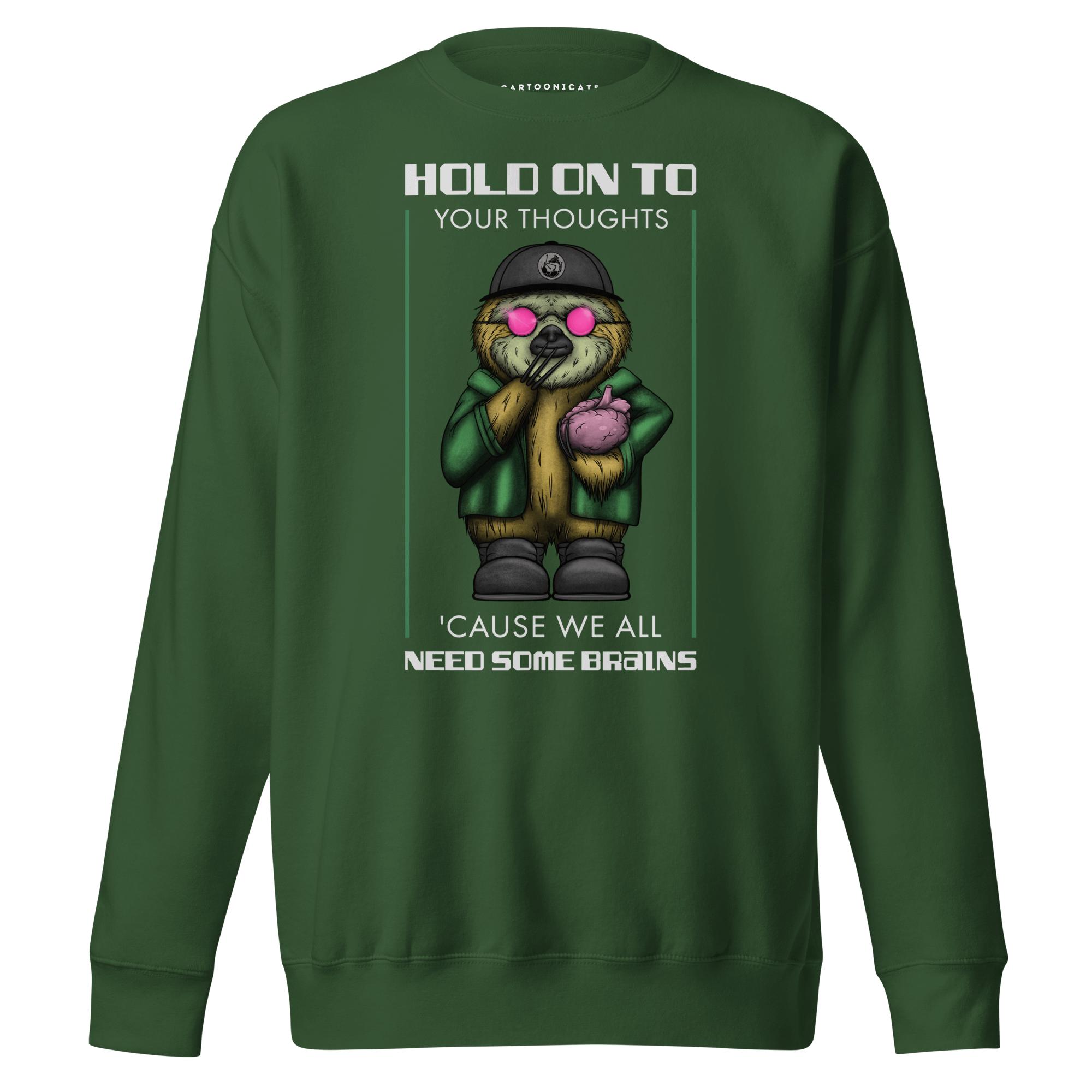 green sweatshirt with a cute cartoon sloth 