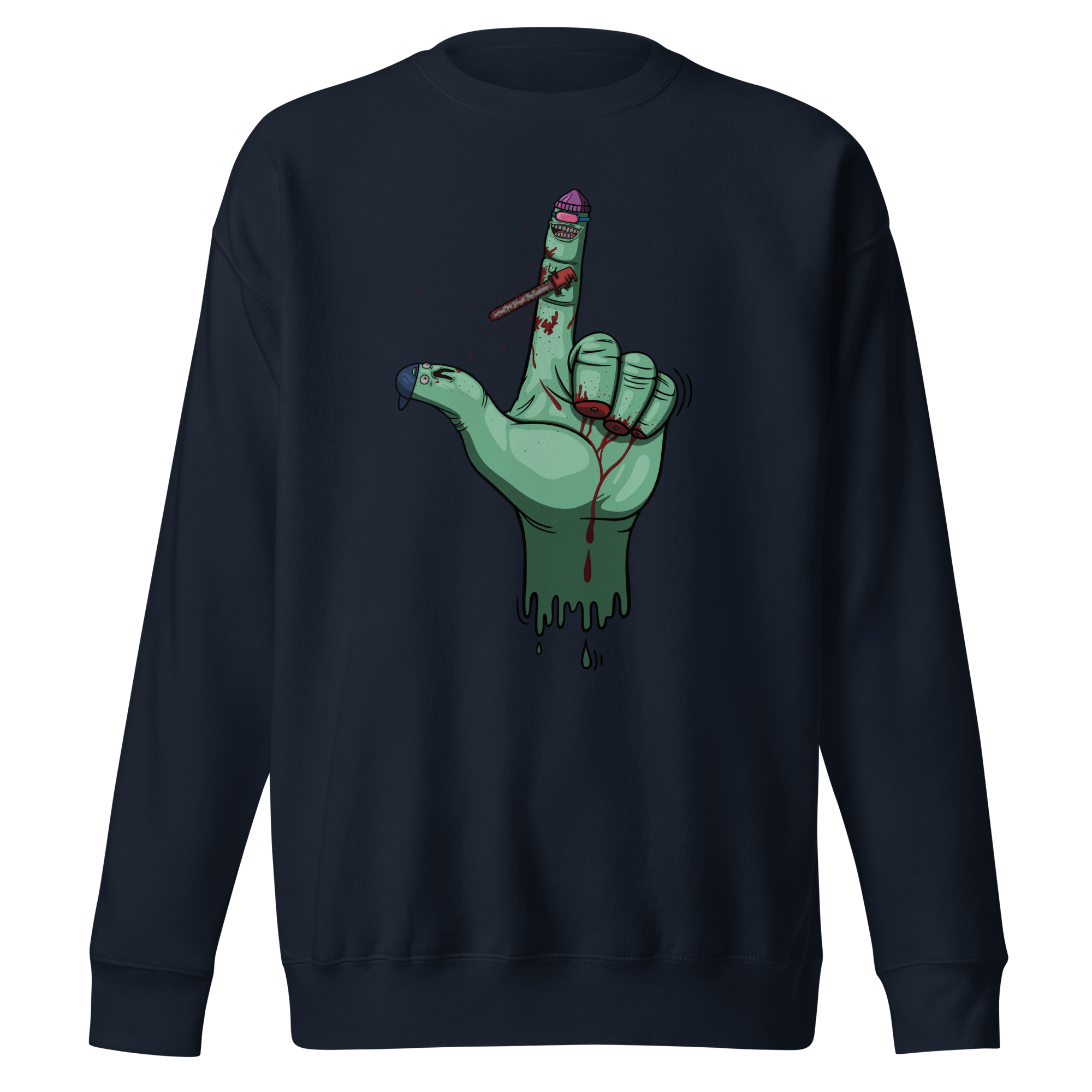 Crazy index finger on a green hand navy sweater