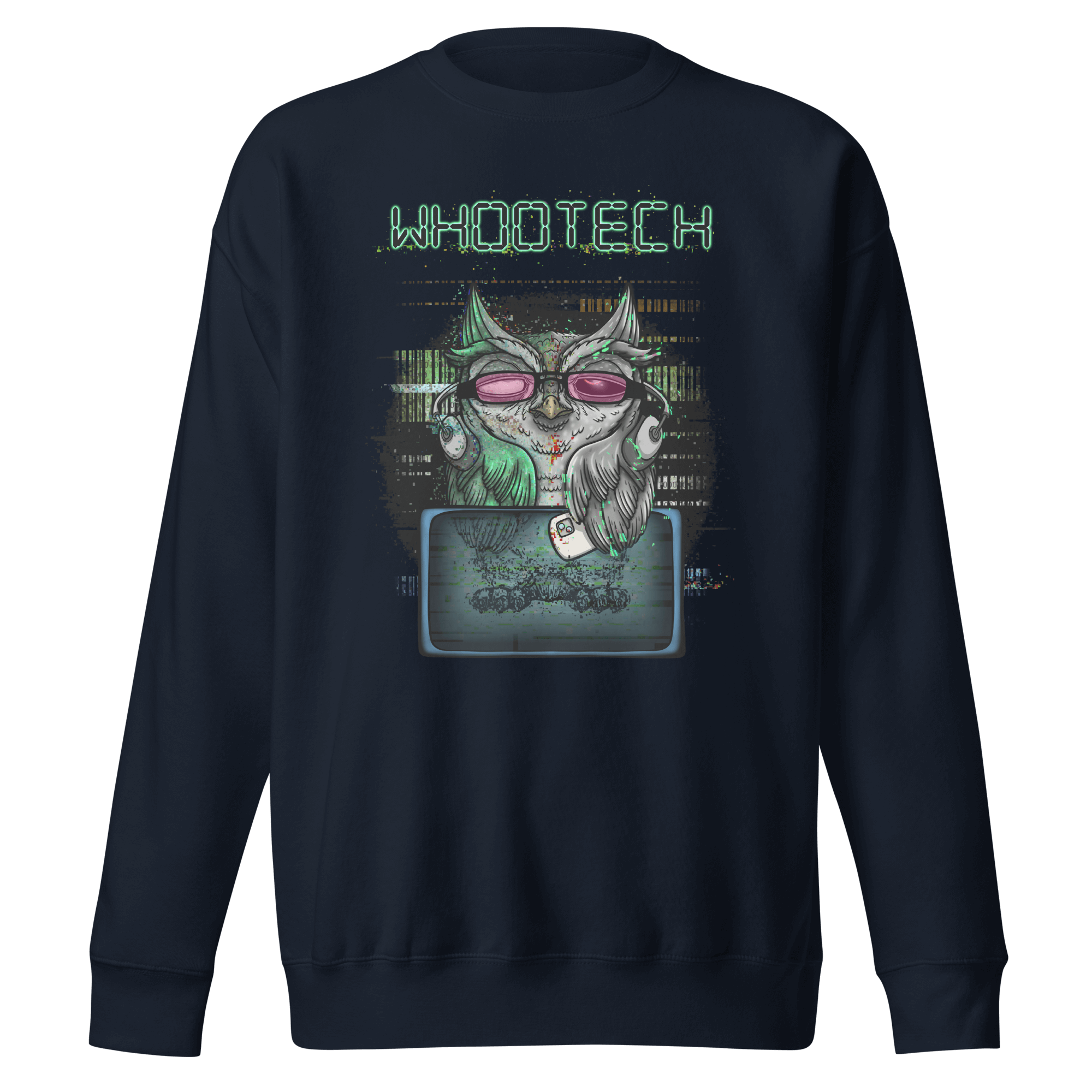 Cool cartoon technology owl on navy sweater