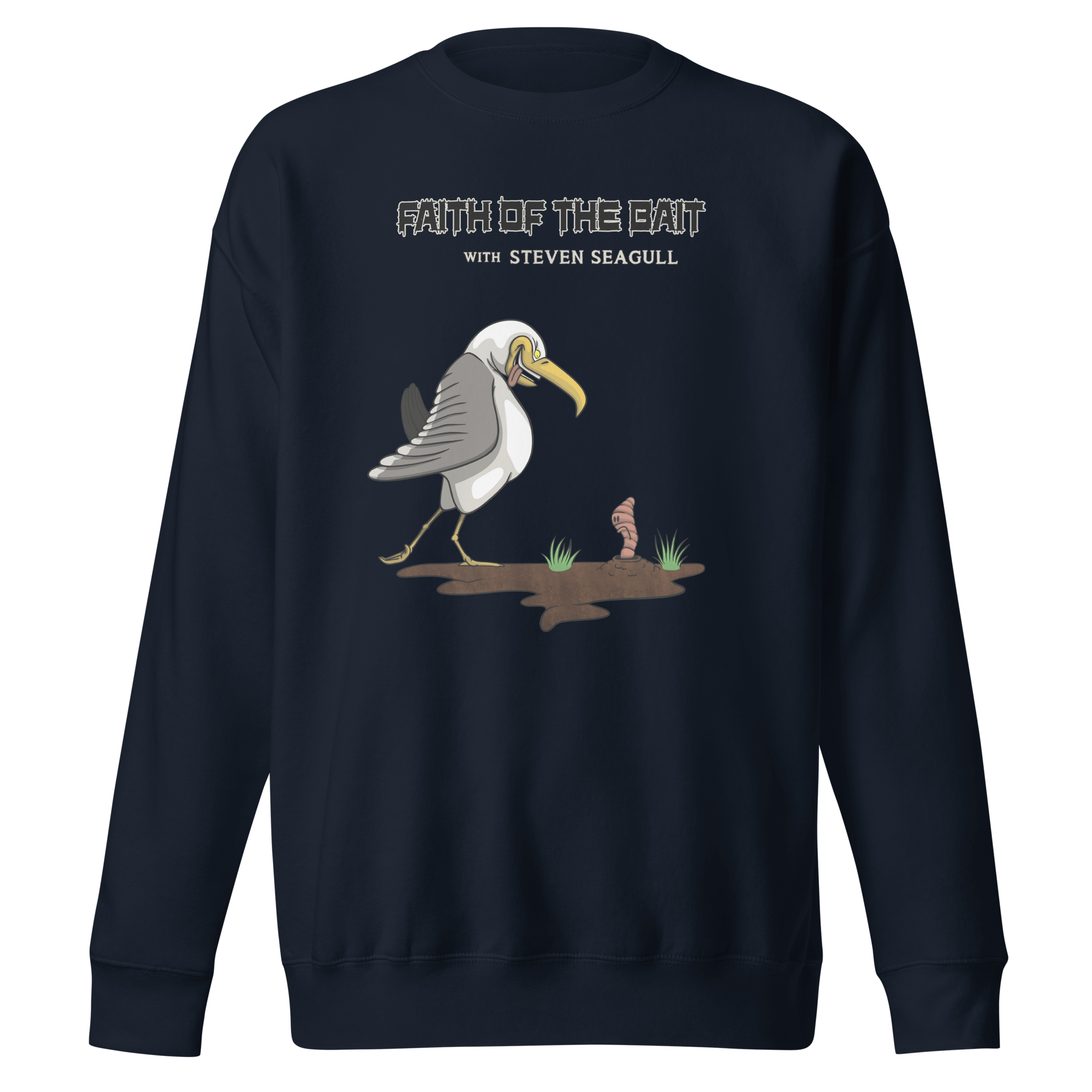 cartoon seagull and a maggot on blue sweater