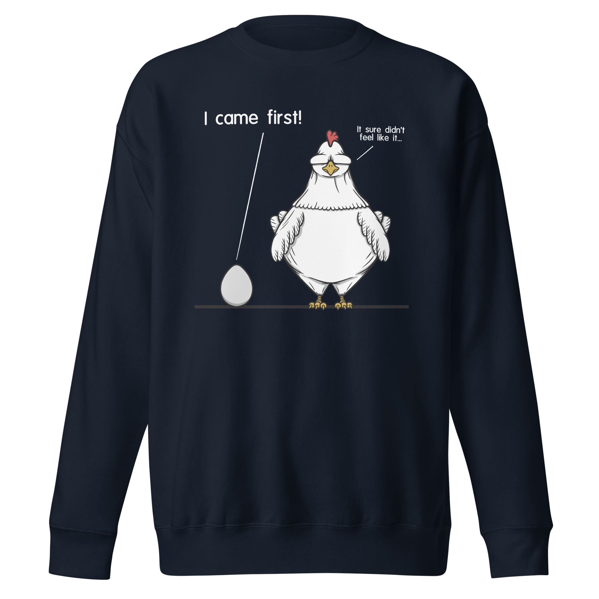 navy blue sweater with cartoon chicken and egg debate