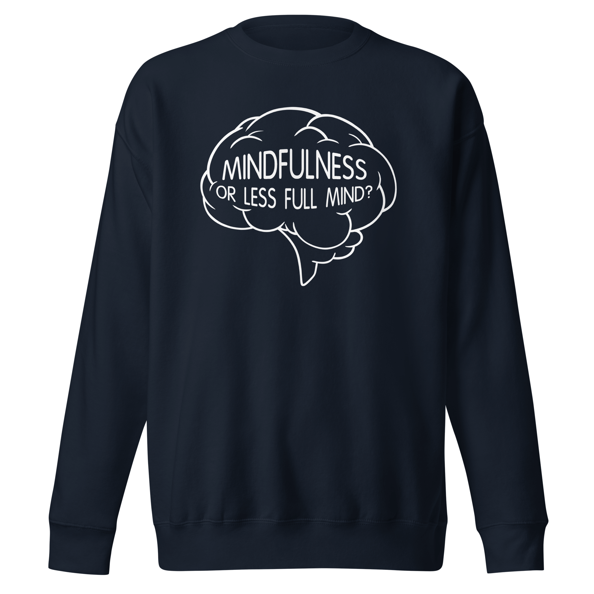 Navy blue sweater with cartoon brain and mindfulness