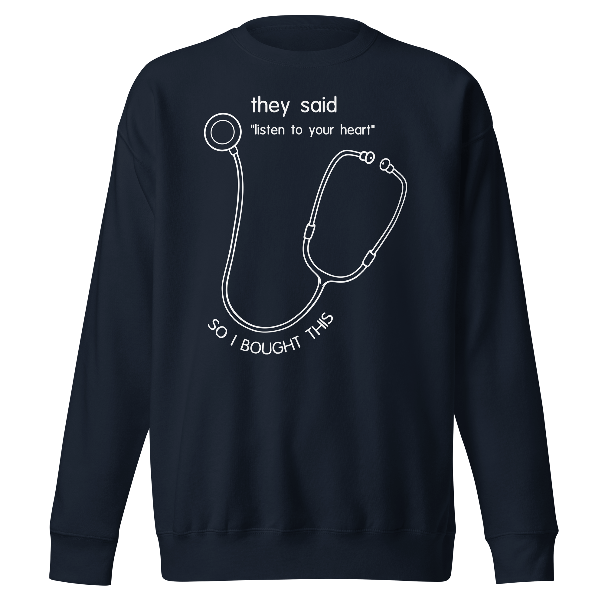 navy blue humor sweater with doctor stethoscope drawing