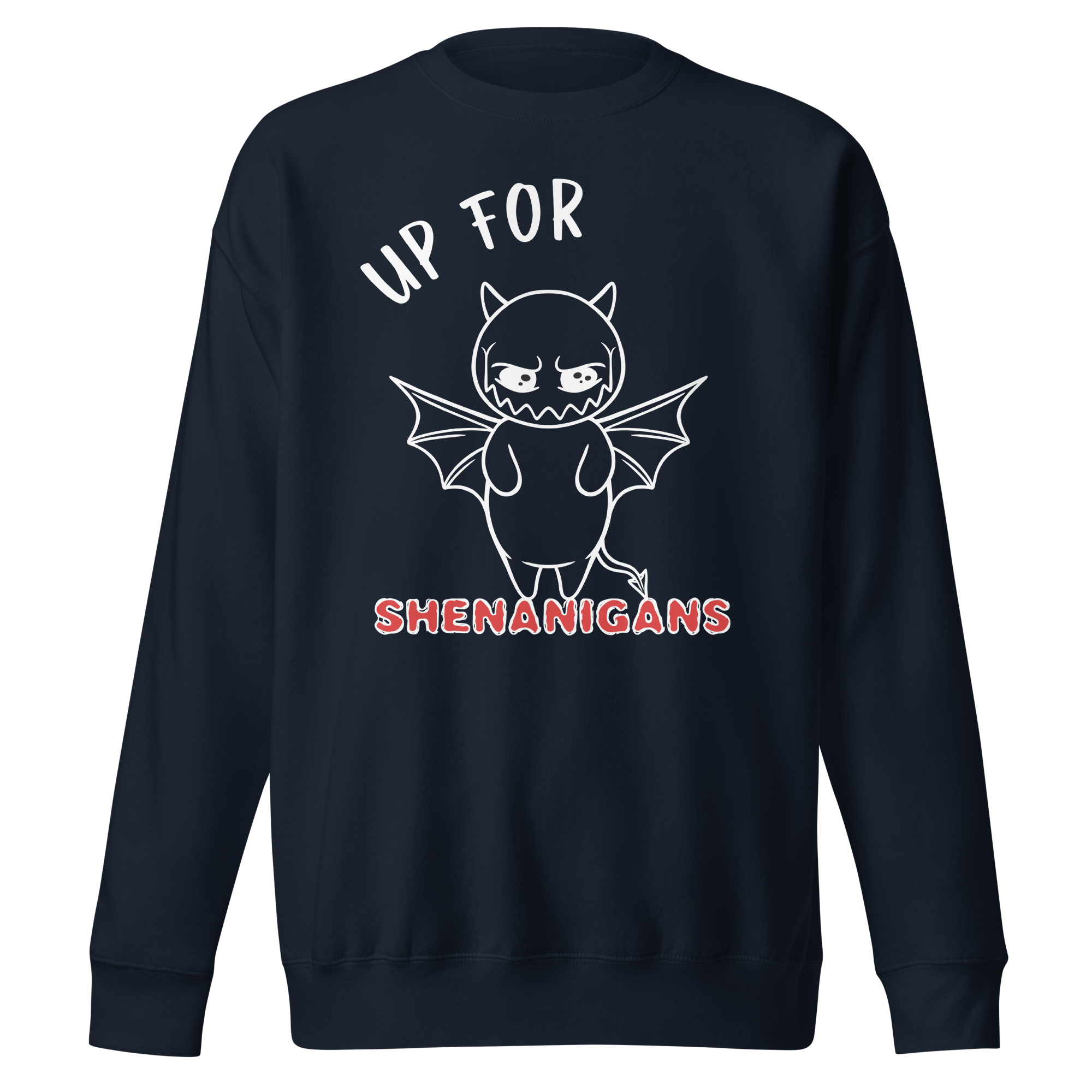 cute cartoon devil on navy blue sweater