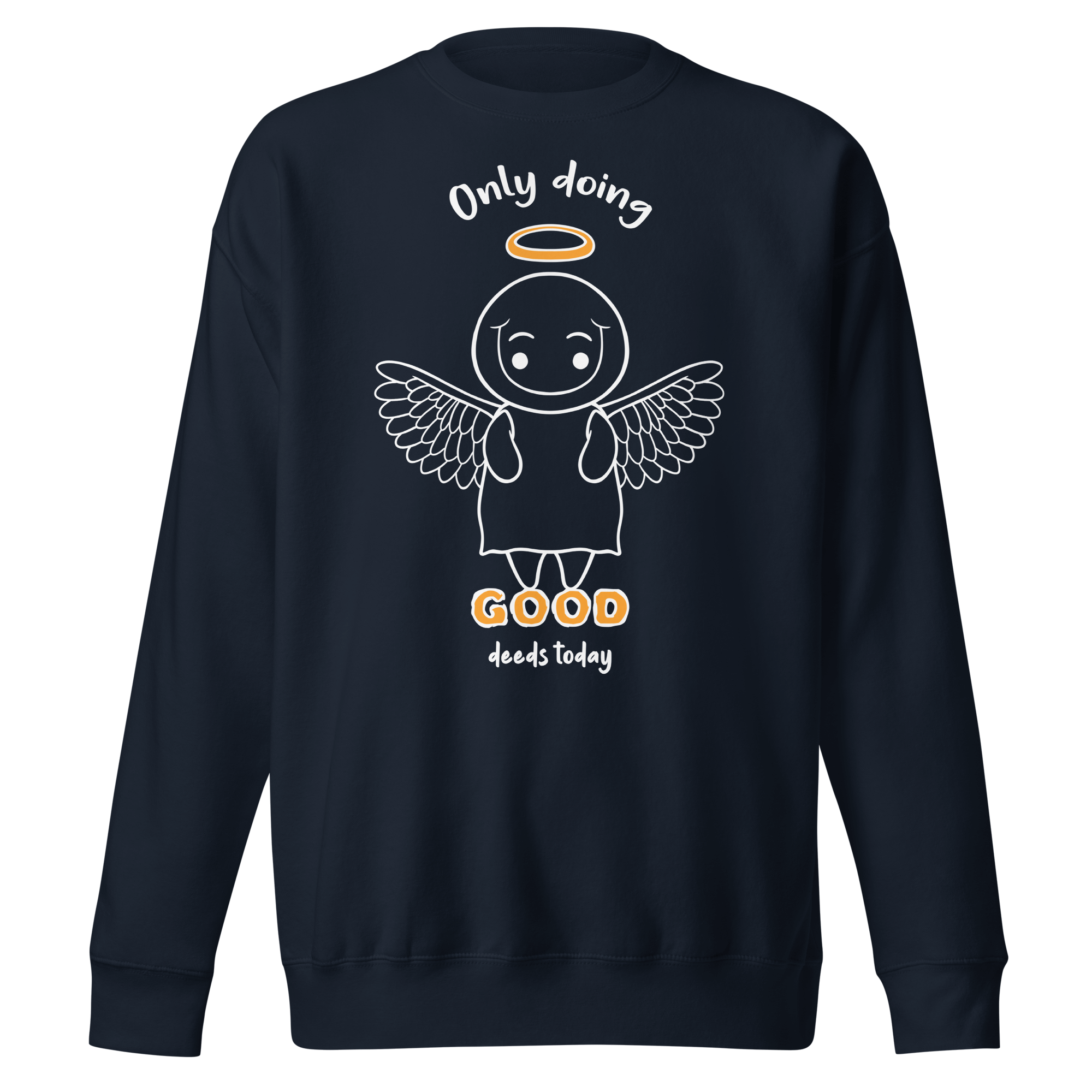 Cute angel in cartoon style on navy blue sweater