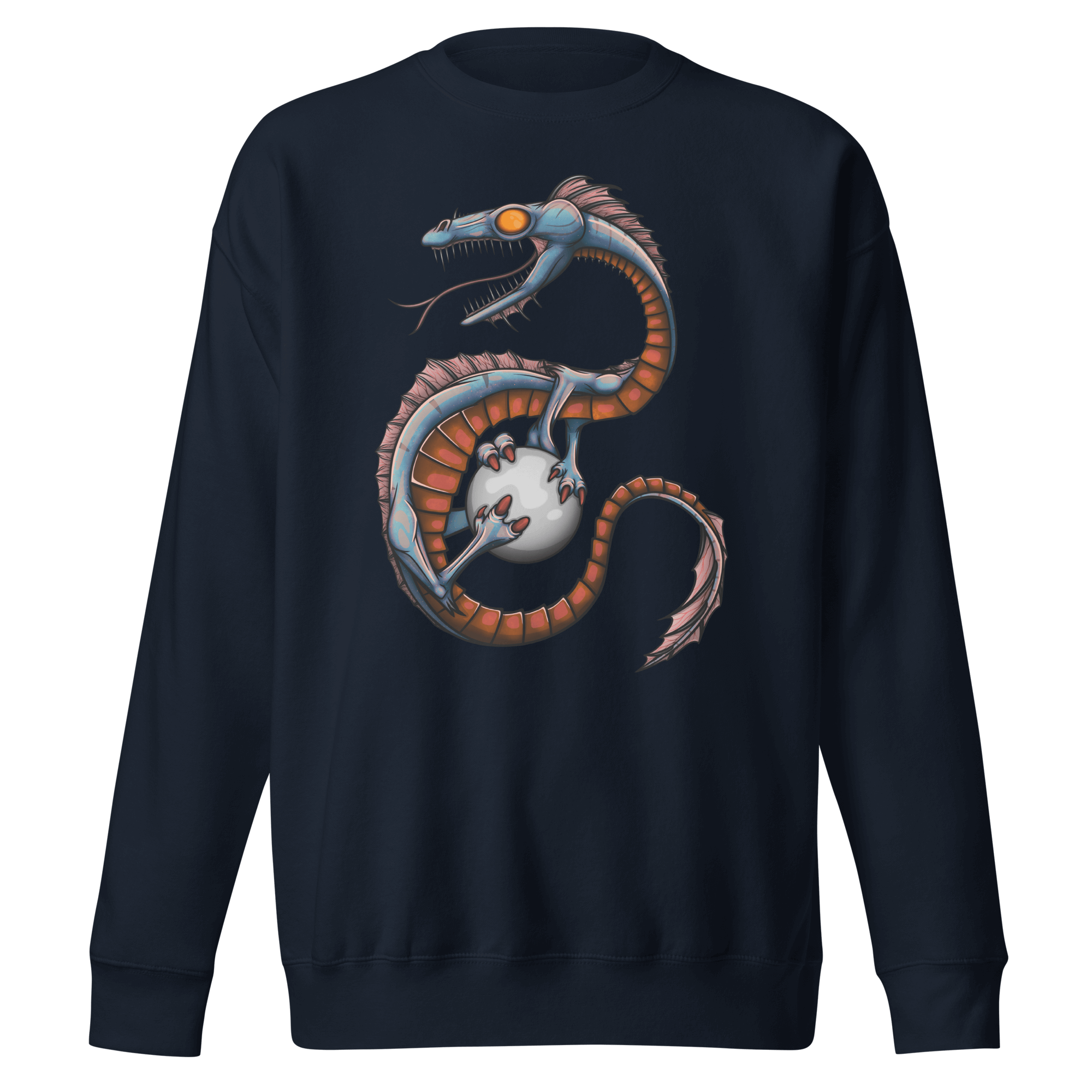 navy blue sweatshirt with fantasy dragon drawing 