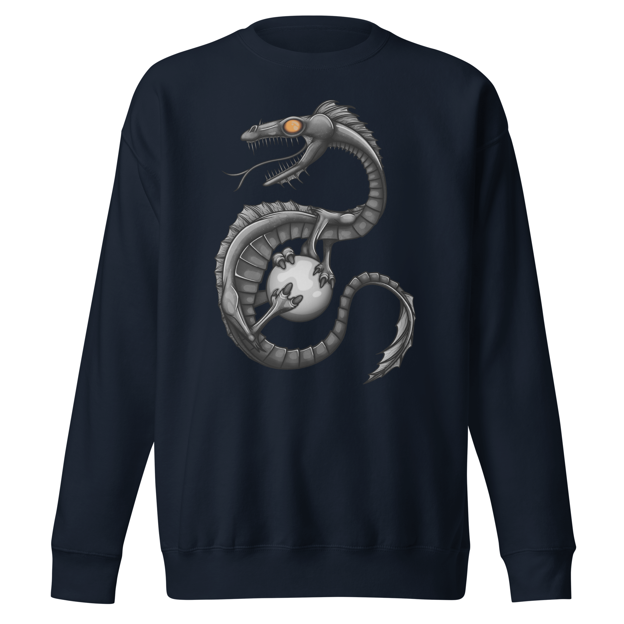 navy blue sweatshirt with fantasy dragon drawing