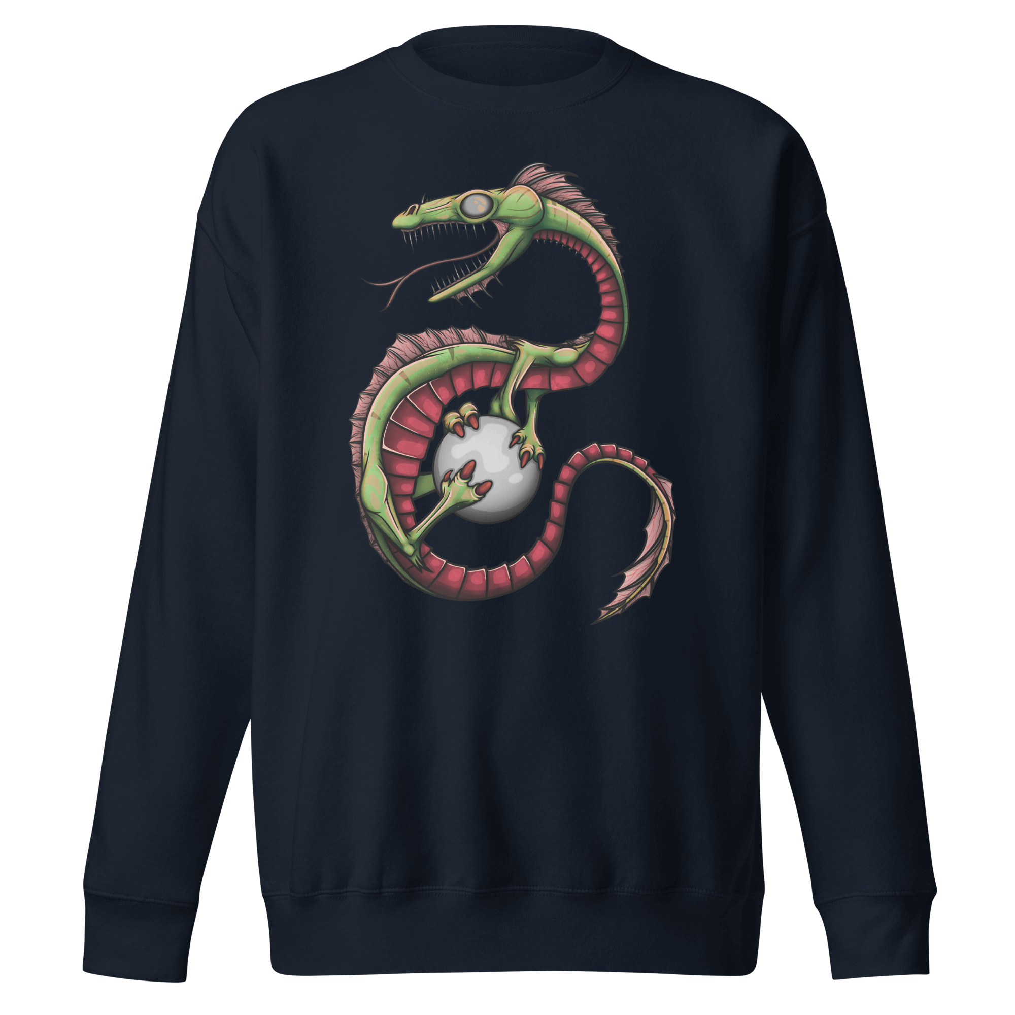 navy blue sweatshirt with fantasy dragon drawing