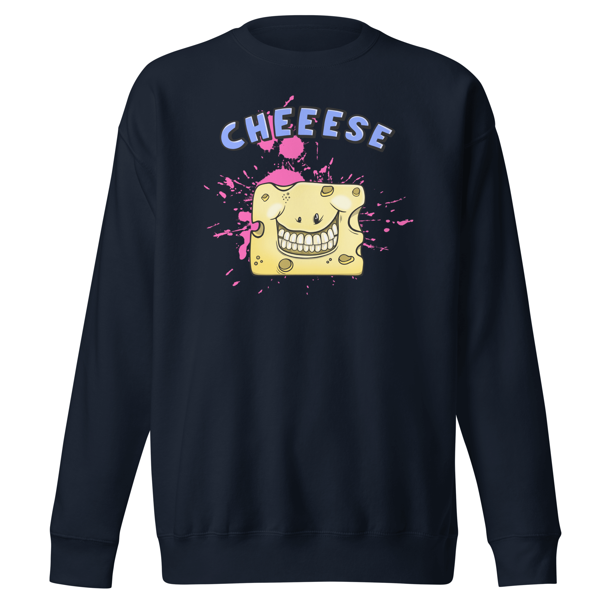 Funny cartoon cheese smiling on navy sweatshirt