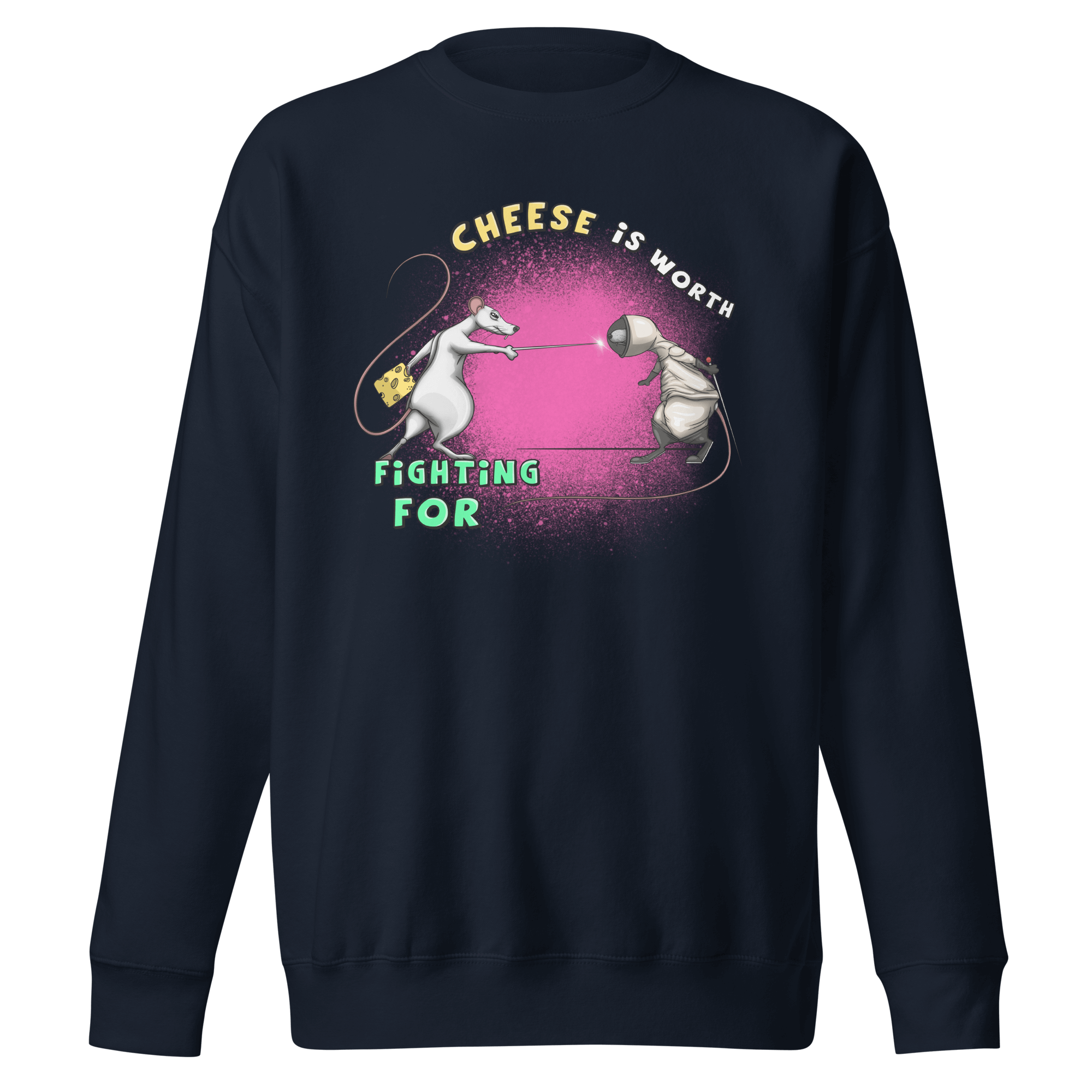 navy blue sweatshirt with rats fighting for cheese drawn in cartoon style