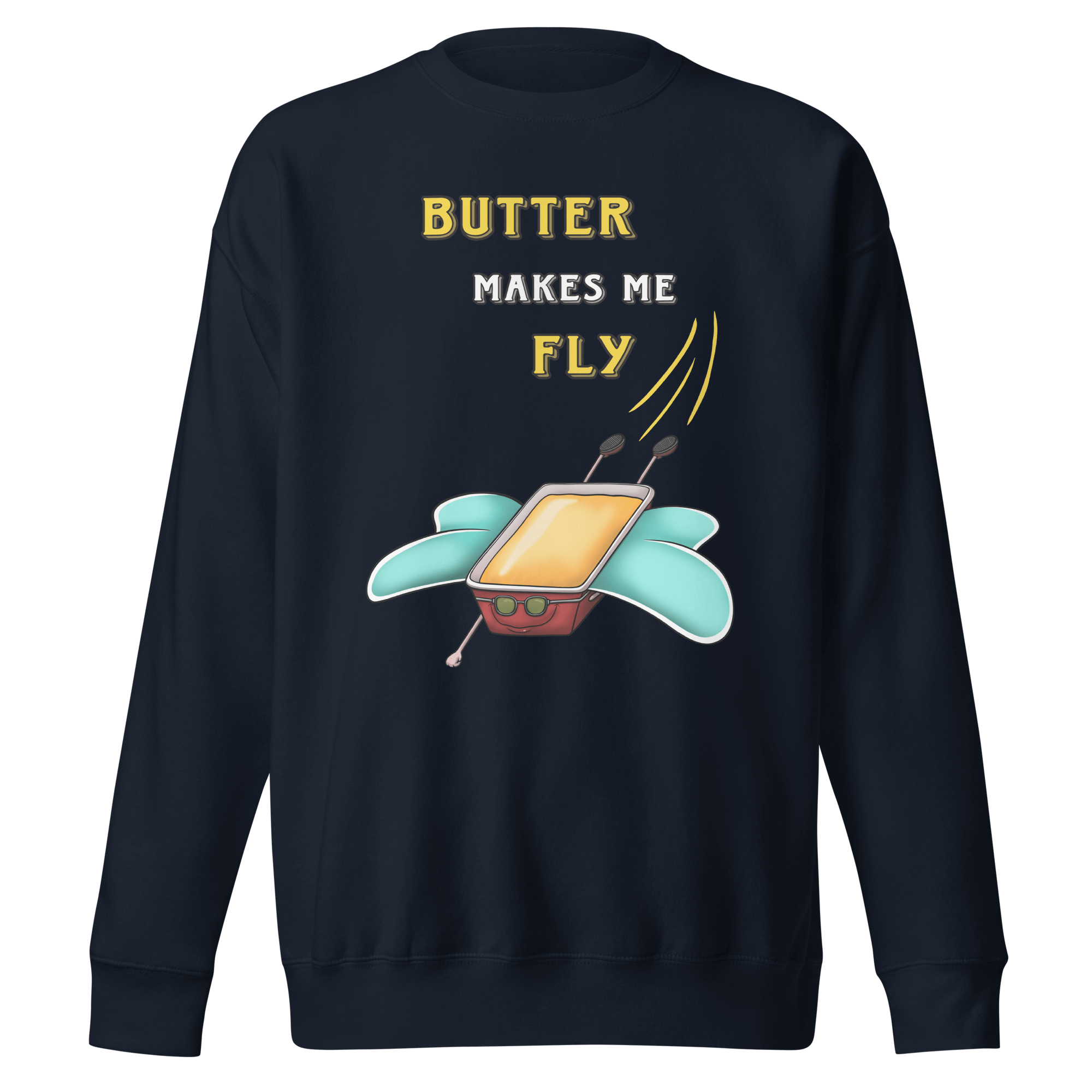 navy blue sweatshirt with funny flying butter with wings