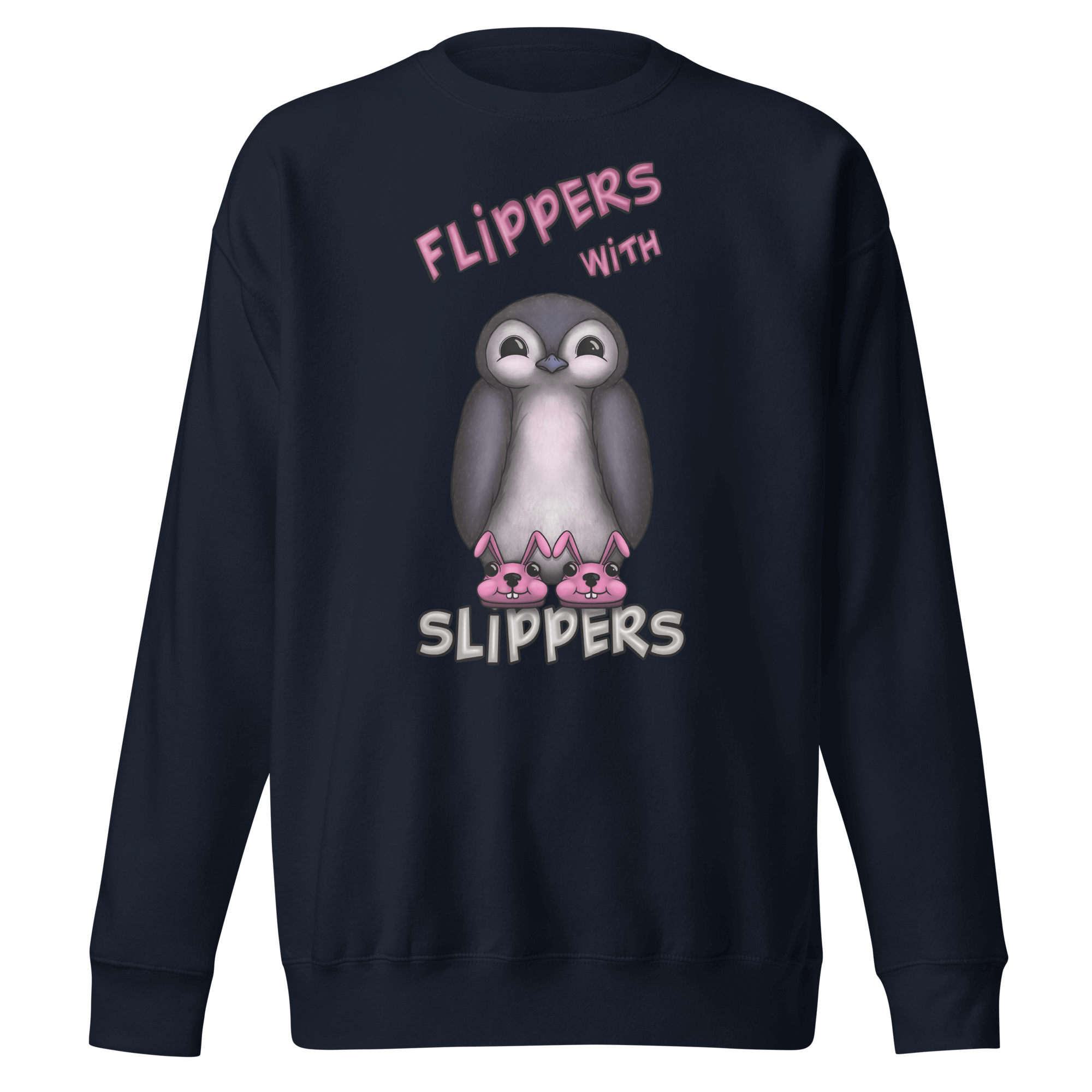 navy blue sweatshirt with cartoon penguin with pink flippers