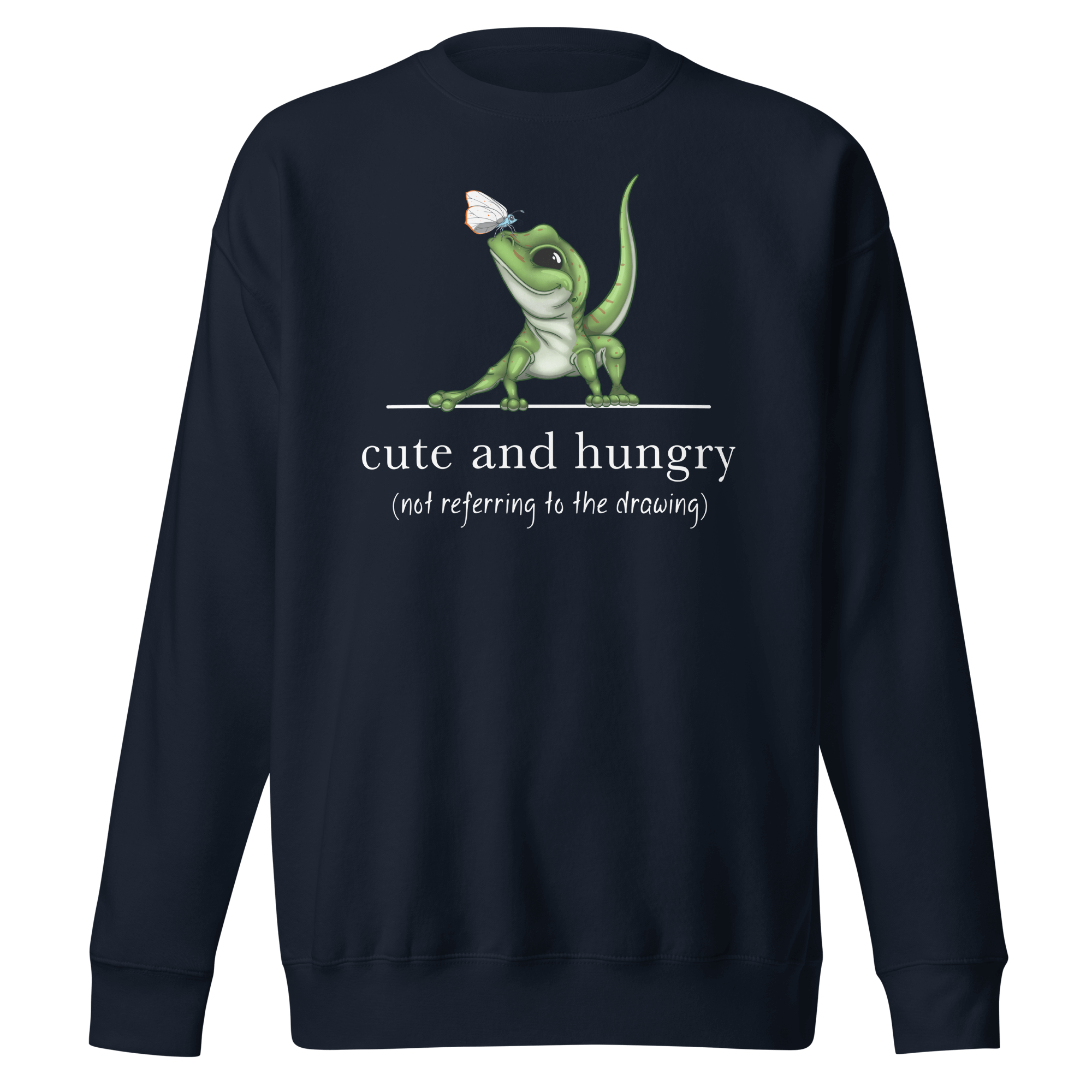 navy blue sweater with cartoon gecko lizard and butterfly