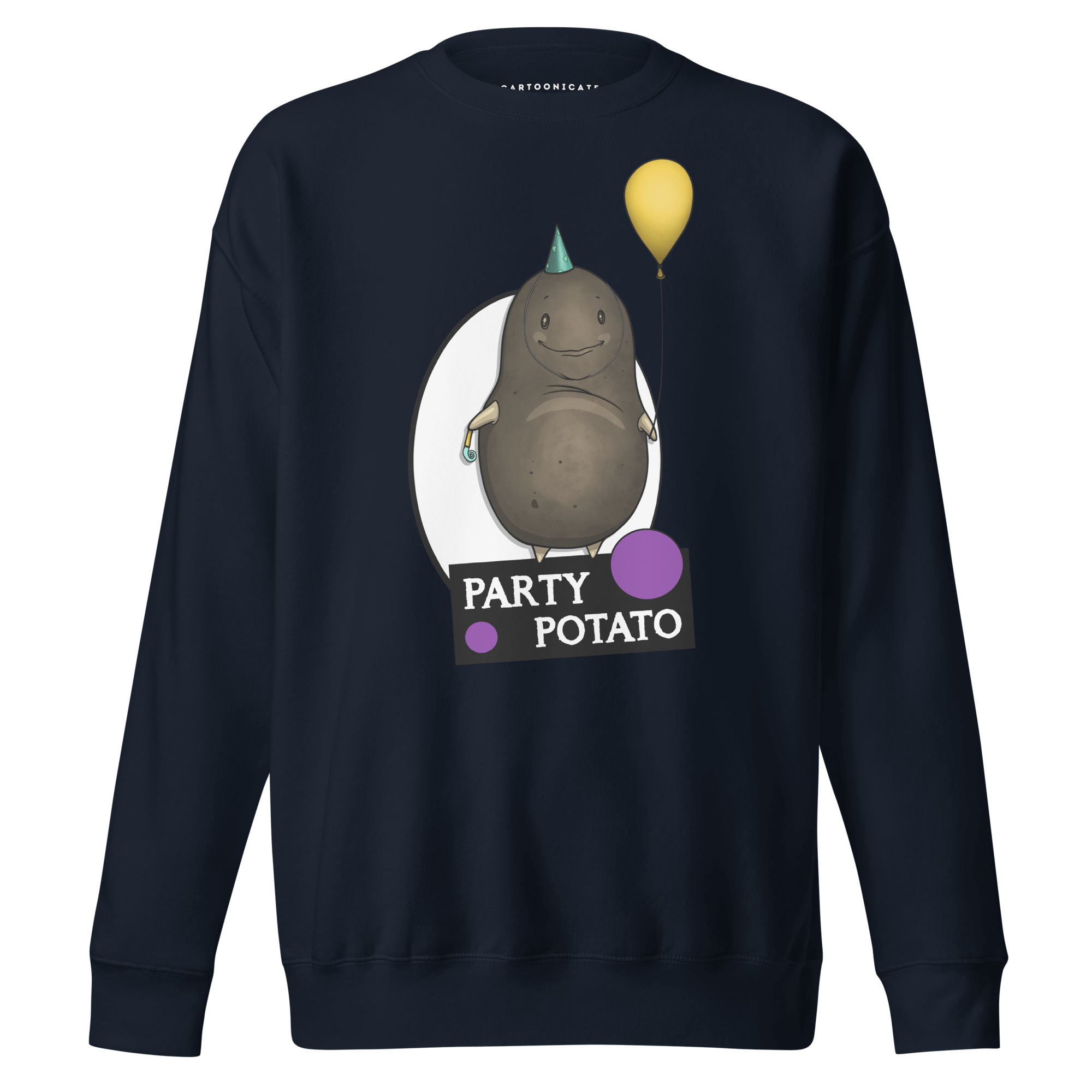 Cool cartoon potato drawing on navy blue sweater