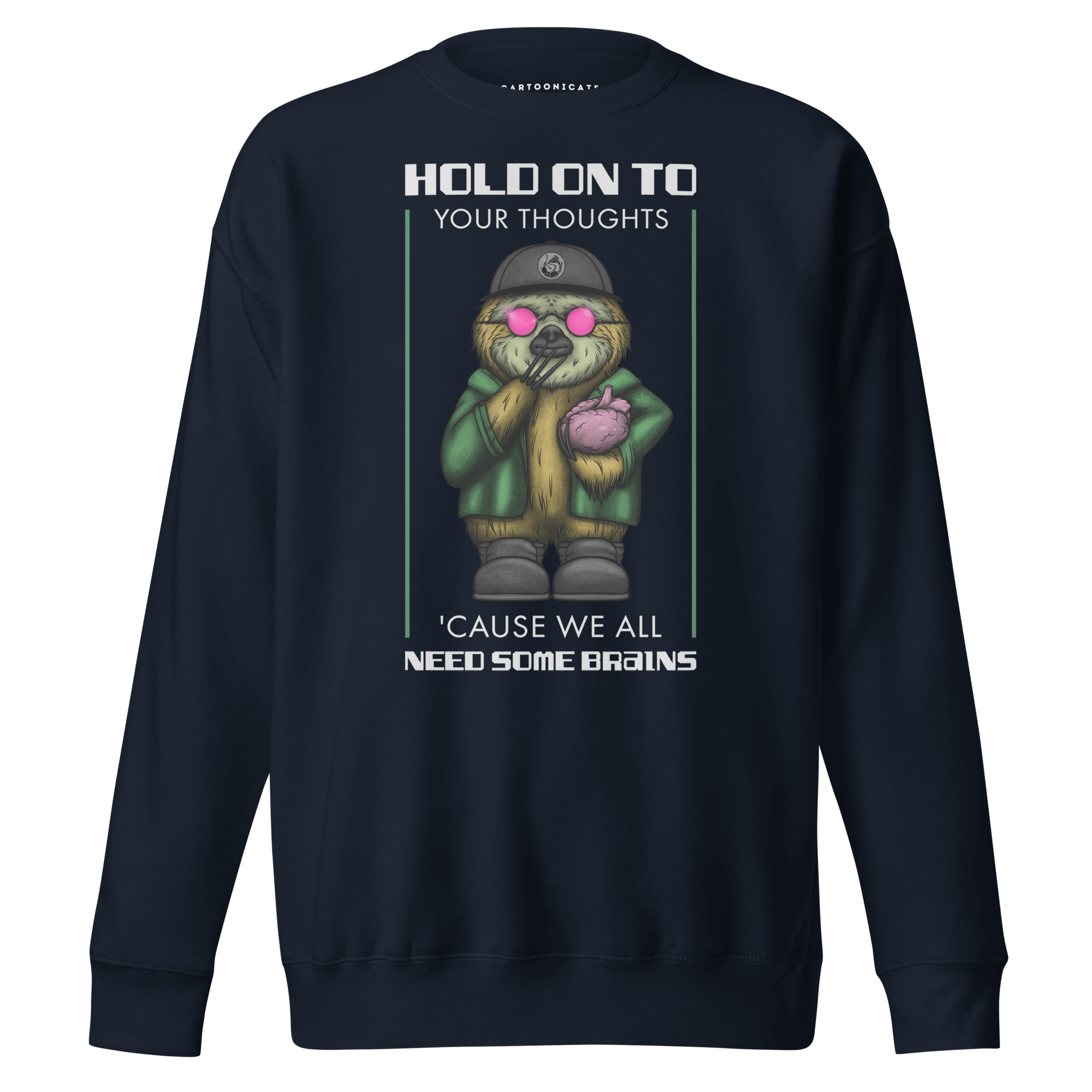 navy blue sweatshirt with a cartoon sloth wearing pink sunglasses