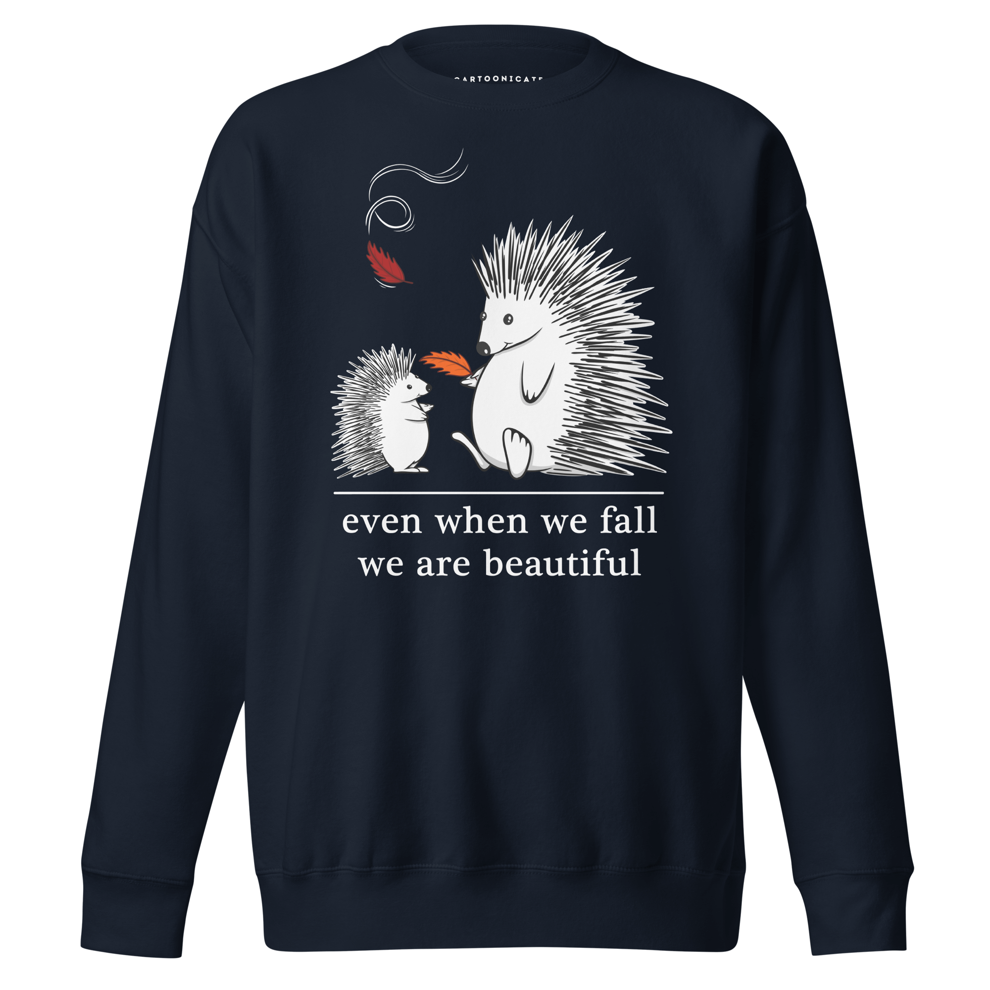 navy blue sweatshirt with cartoon hedgehogs mother and baby