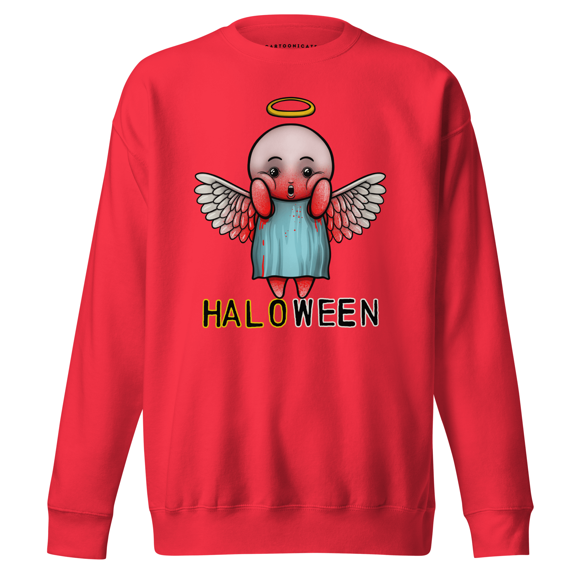 Red sweater with cartoon angel with halo and blood