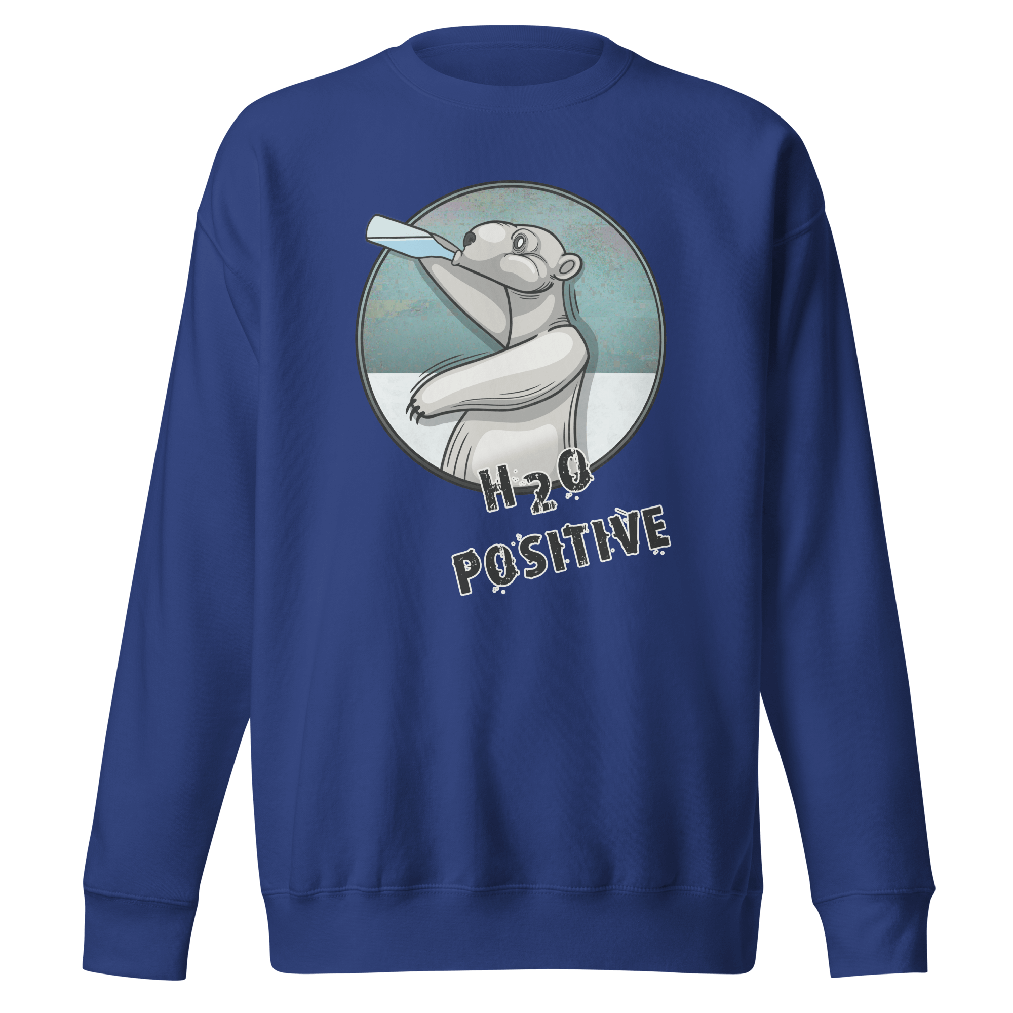 H20 positive polar bear cartoon on blue sweatshirt