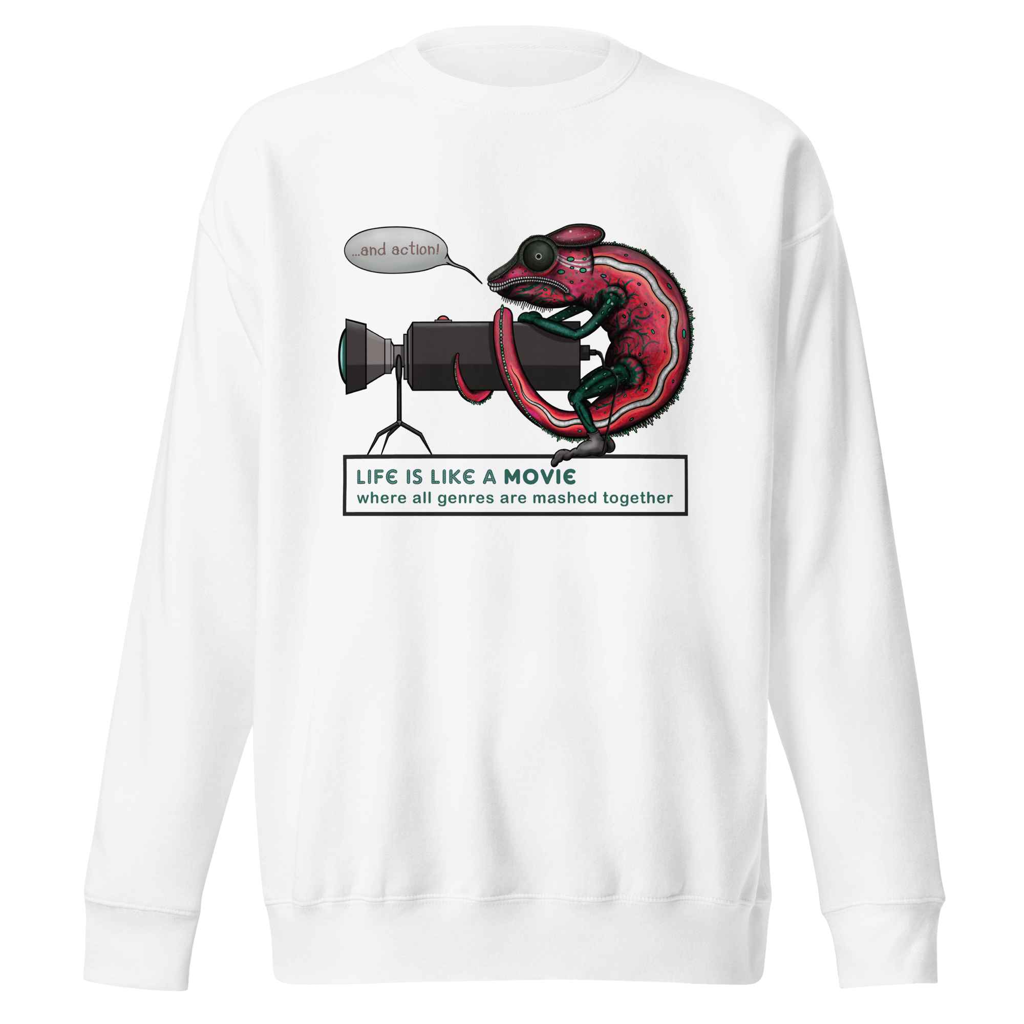 Cartoon chameleon with camera white sweatshirt