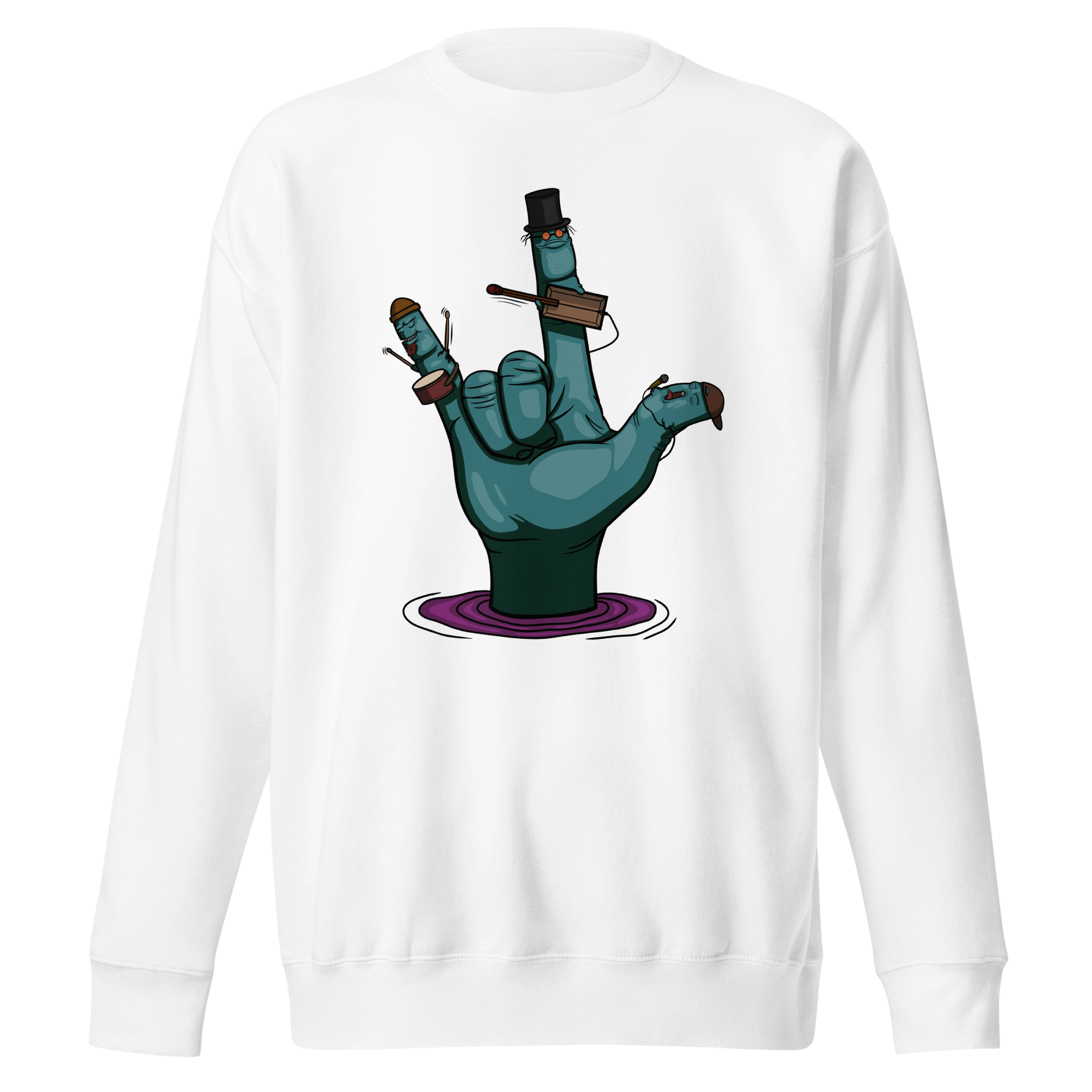 white sweater with rock music cartoon hand