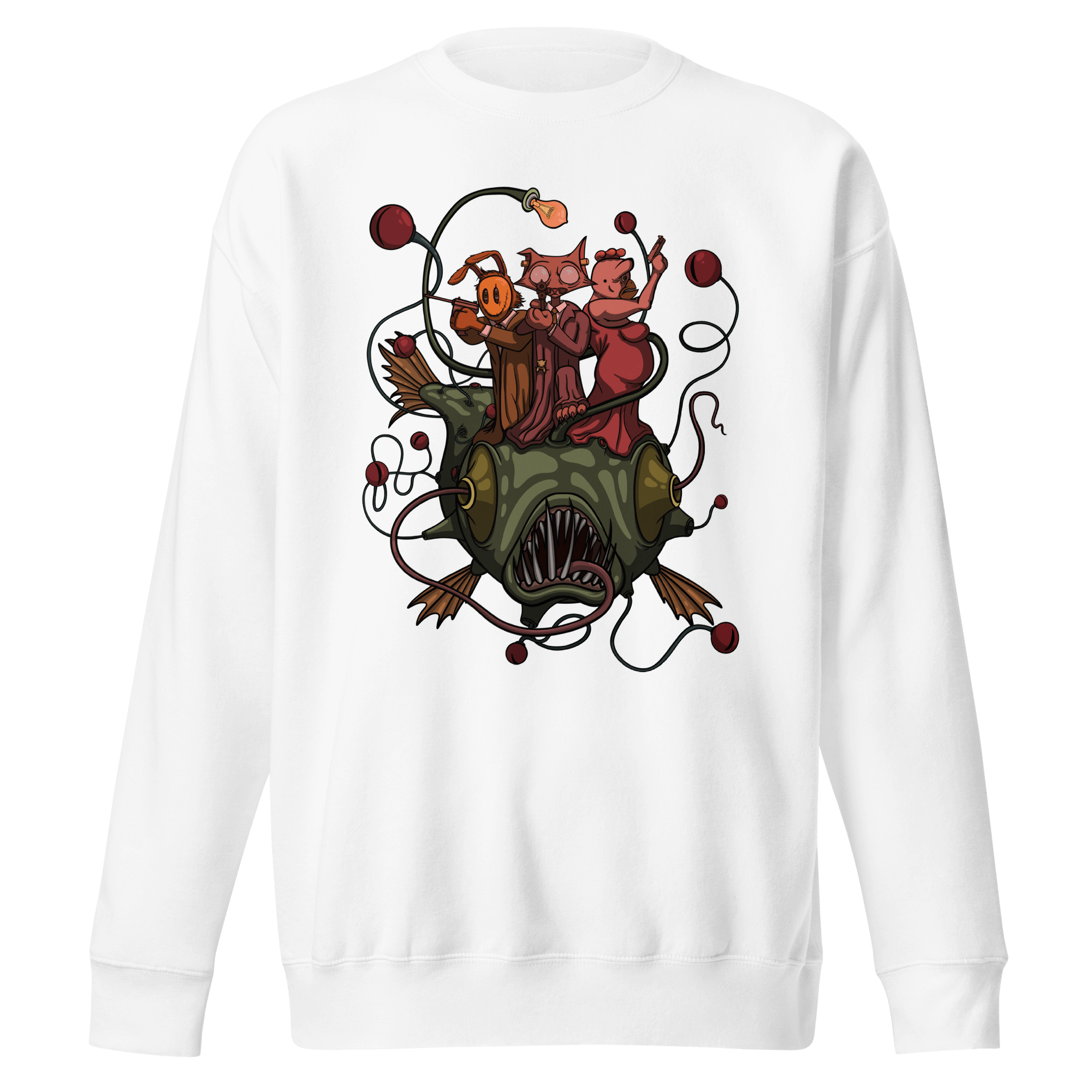 White sweatshirt with cool cartoon drawing