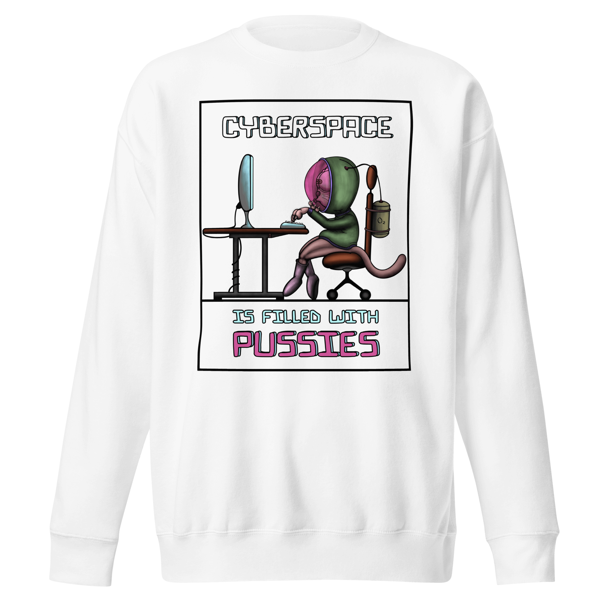 White sweatshirt with cartoon cyberspace pussycat