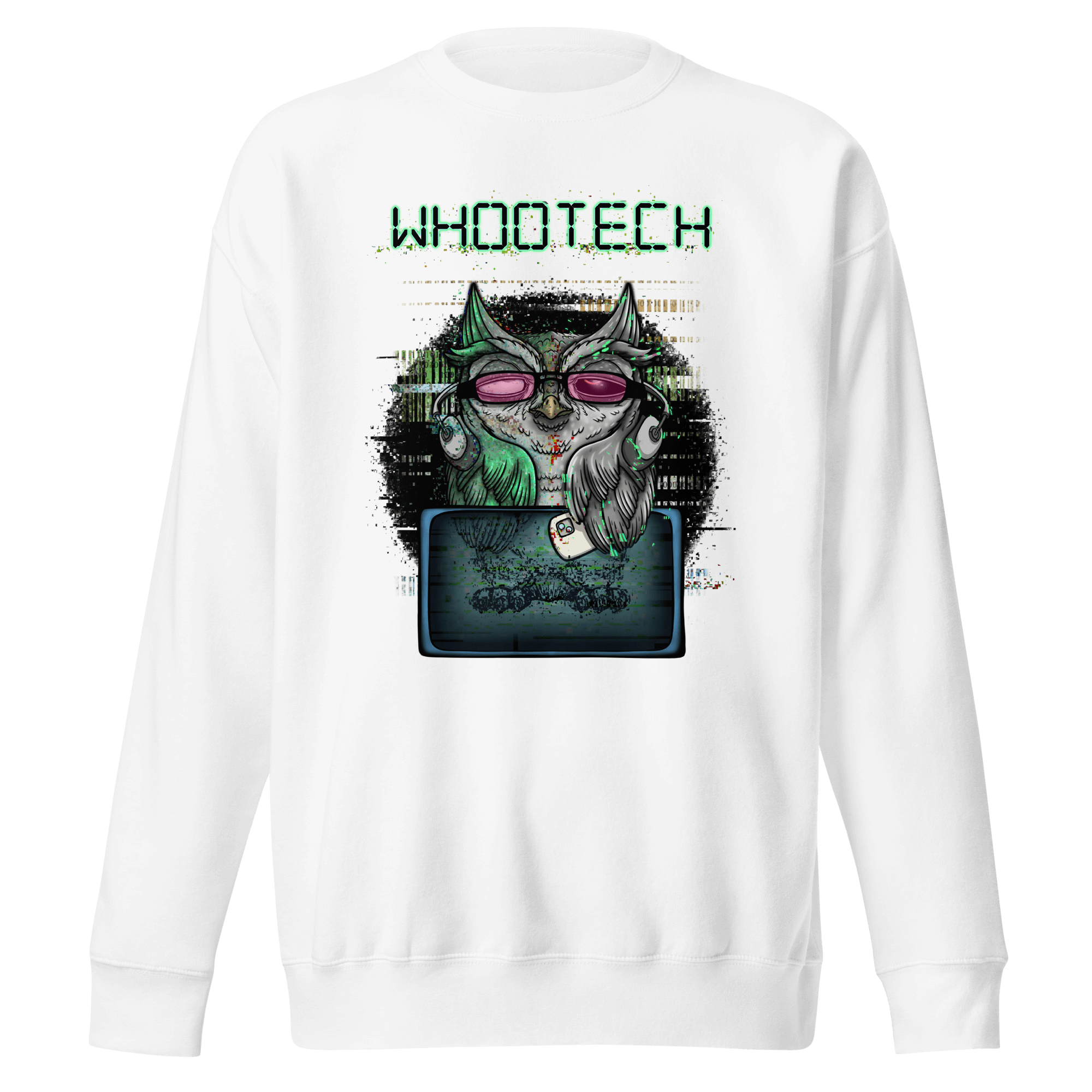 white sweater with cartoon techno owl and headphones