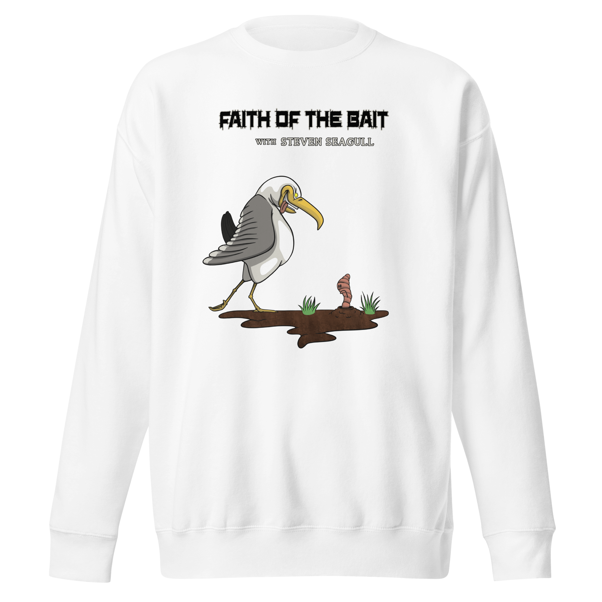 white sweatshirt with a cartoon seagull and a worm