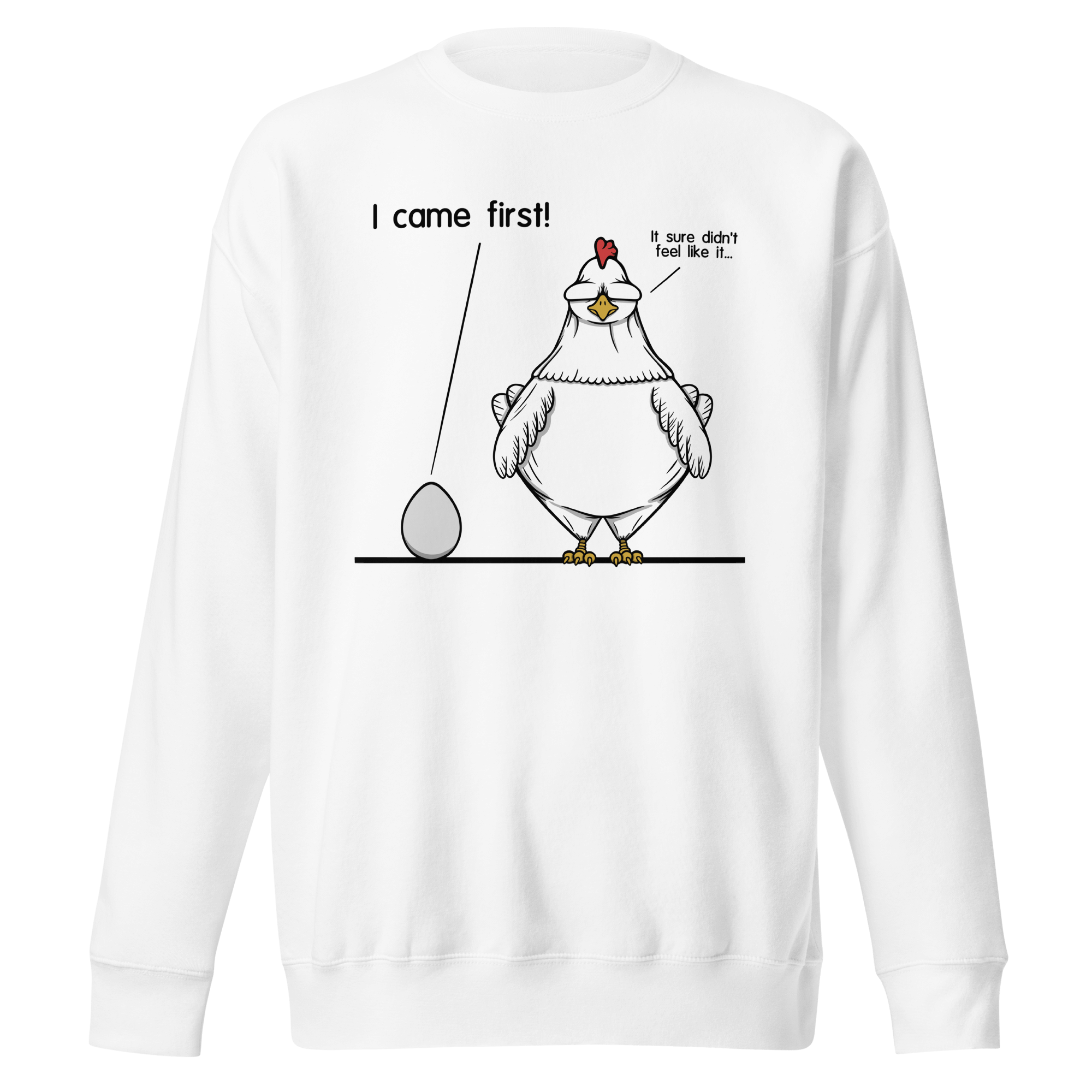 drawing of chick and egg in cartoon style on white sweatshirt