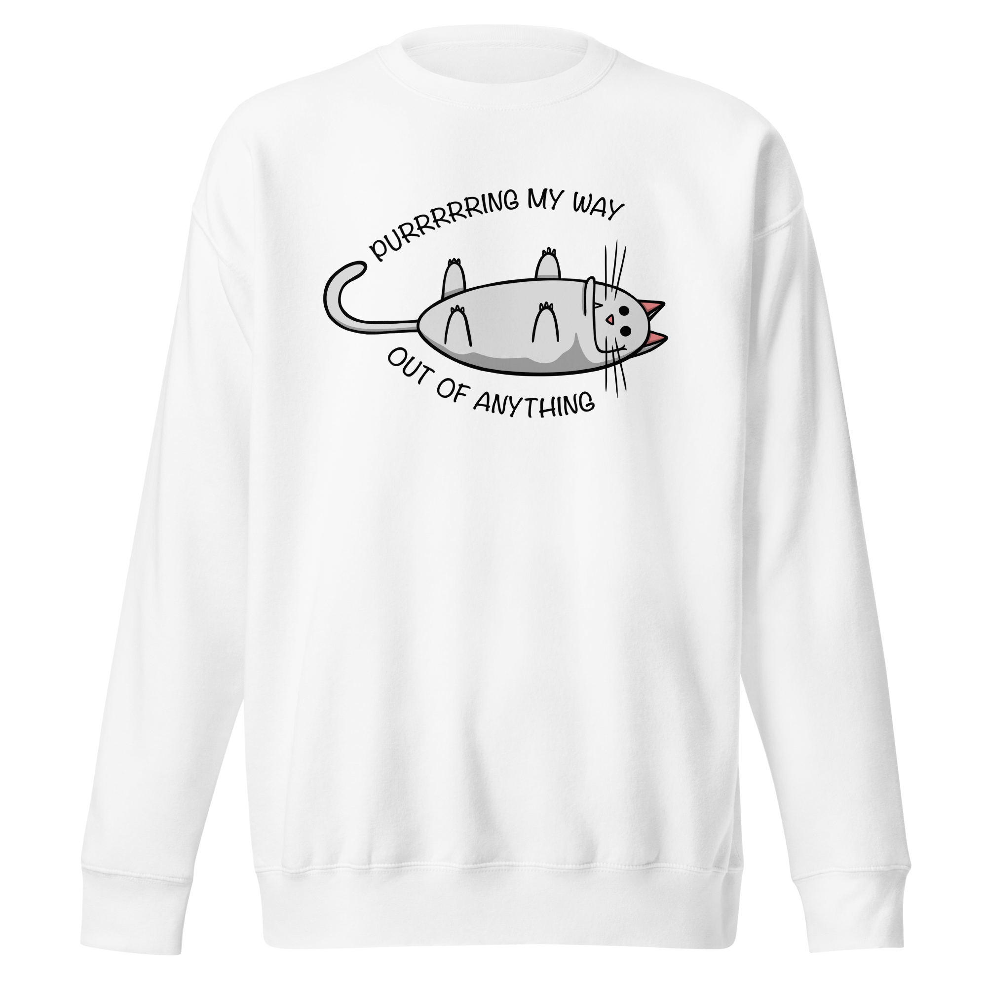 purring pussycat in cartoon style on white sweatshirt